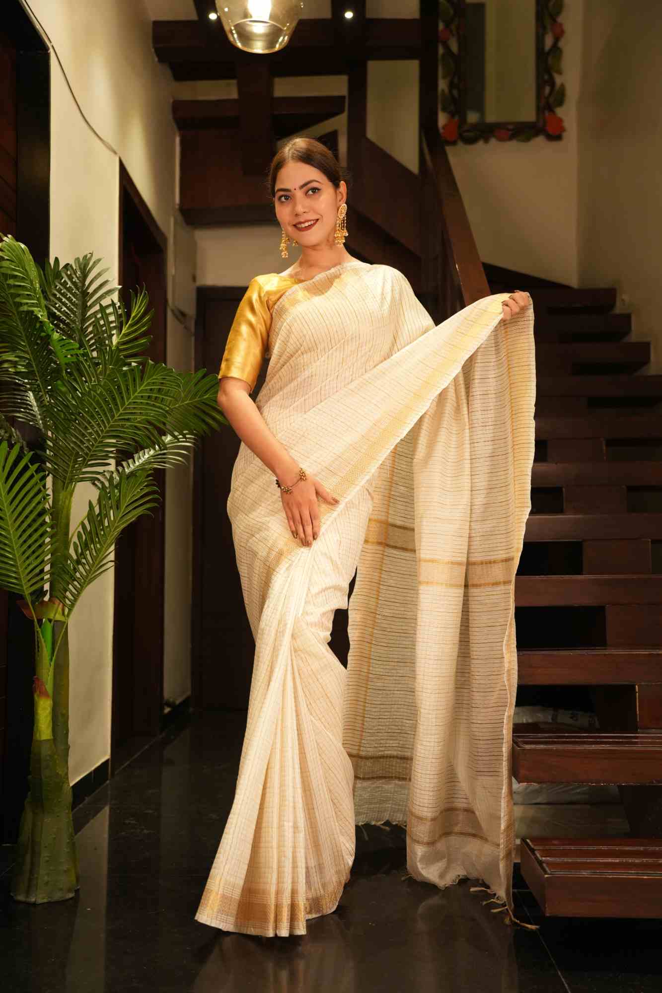 Bhagalpuri Off white Kasavu Cotton Silk With  All Over Check & Tassle on  Pallu Wrap in 1 minute saree