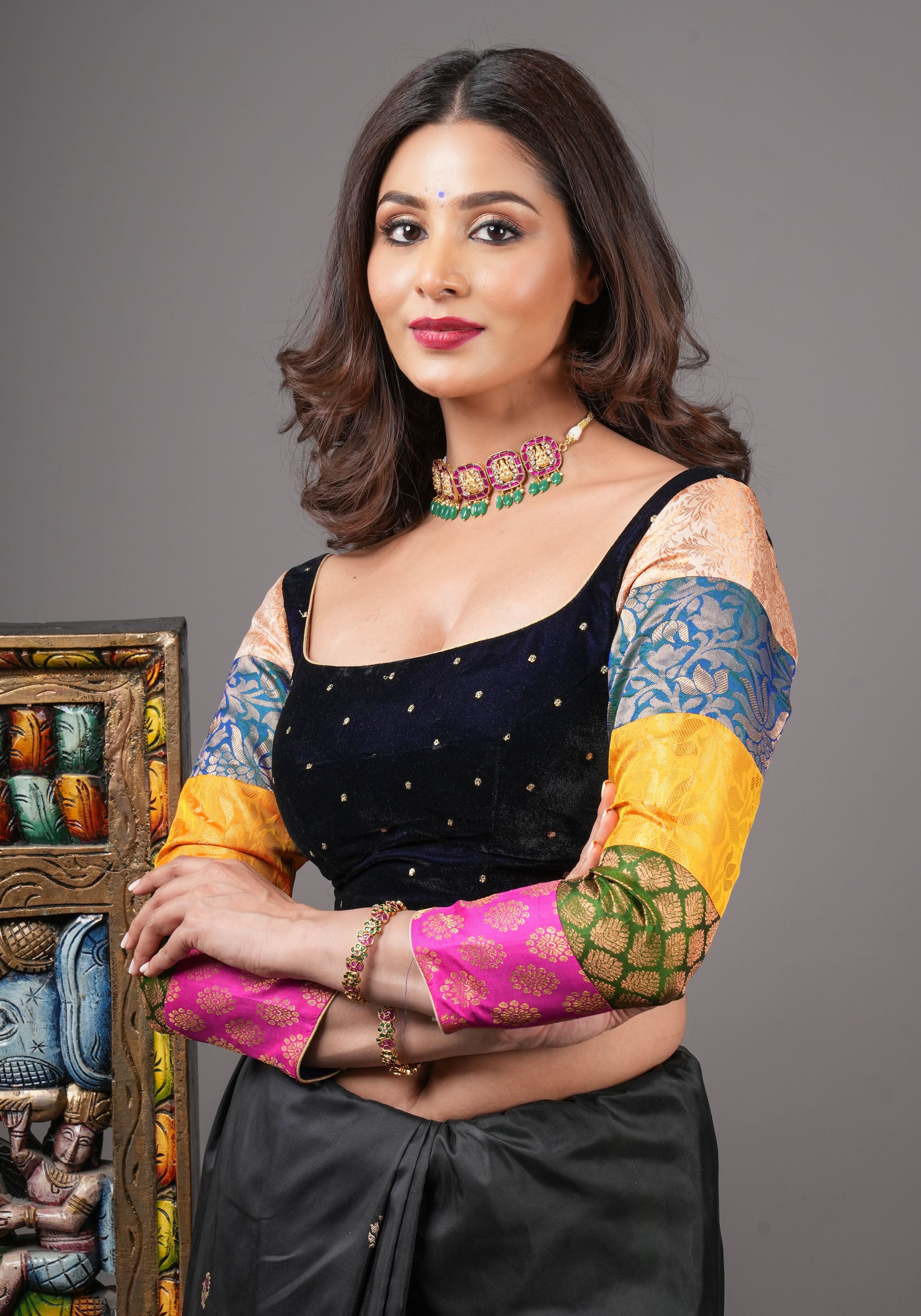 Statement Patchwork Pure Kanjivaram Silk Brocade and Midnight Blue Velvet Blouse  , Made to Order | Shobitam