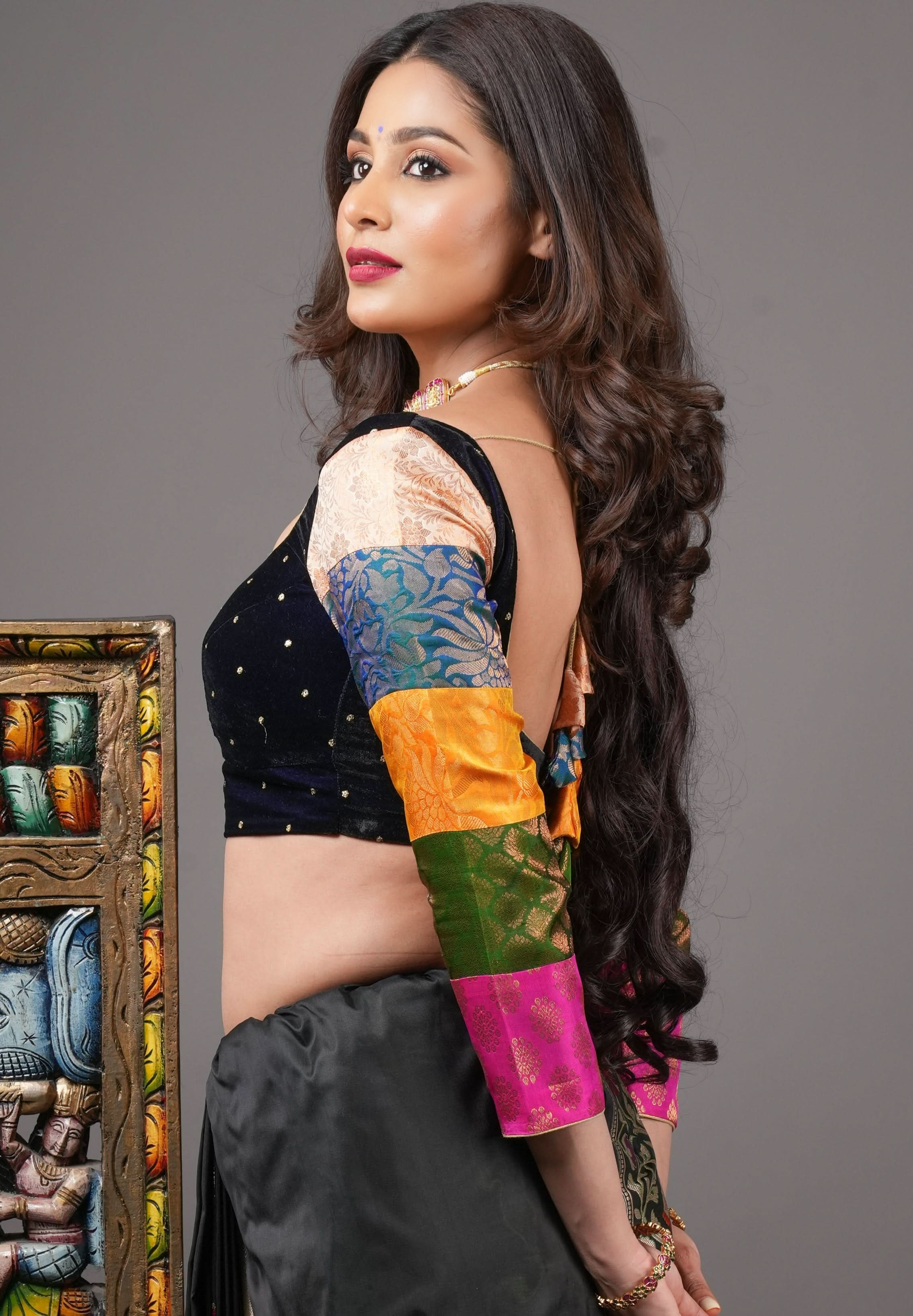 Statement Patchwork Pure Kanjivaram Silk Brocade and Midnight Blue Velvet Blouse  , Made to Order | Shobitam
