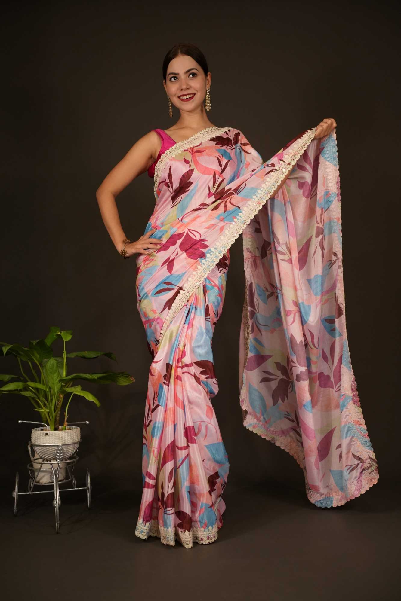 Pink with overall Digital Print & Thread embroidered Scalloped Border Ready To Wear Saree