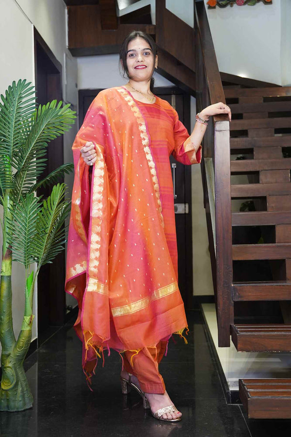 Orange & Red with Beautiful Golden Foil Work Dupatta Cotton Ready to wear Salwar-Kameez with Dupatta - Isadora Life