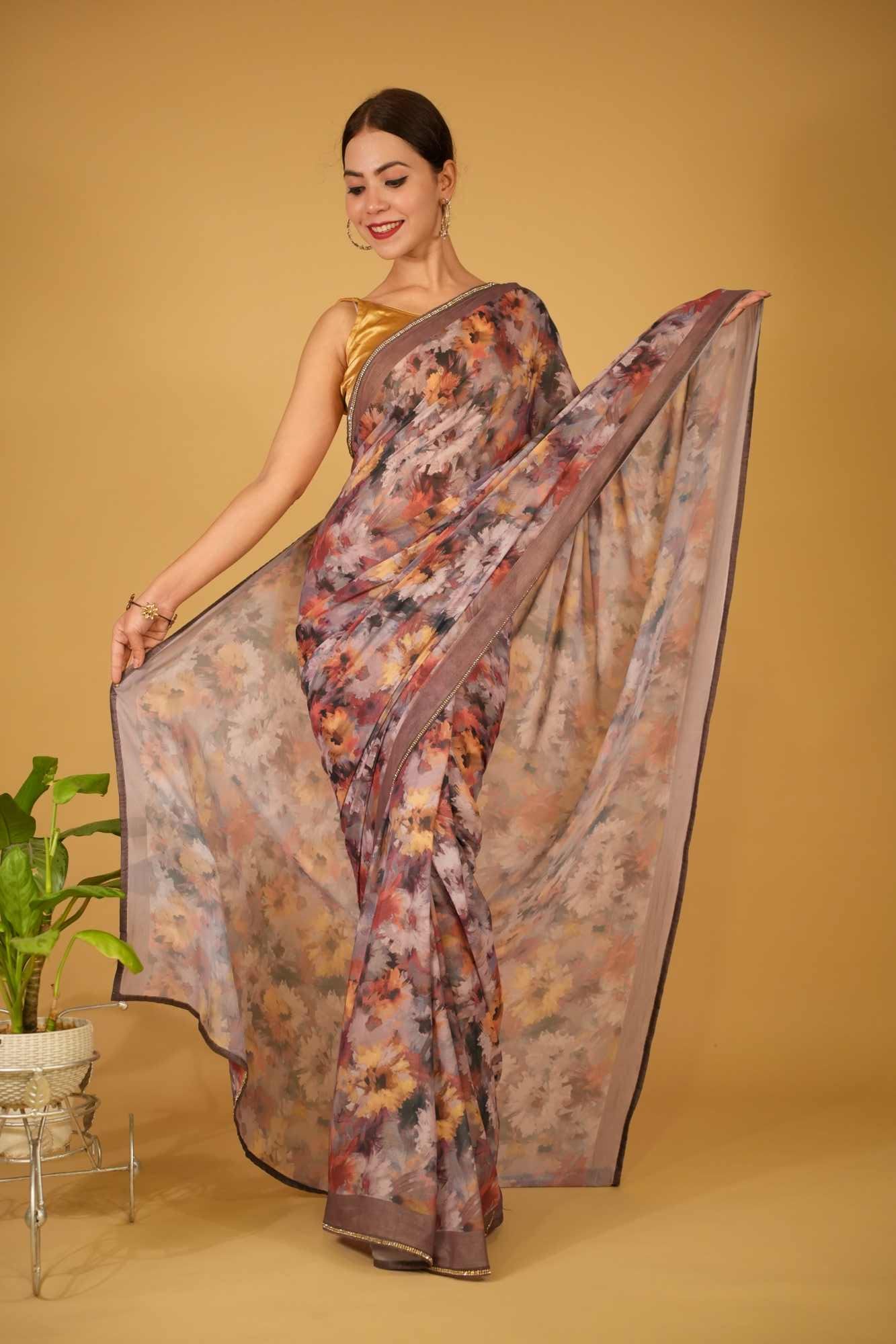 Exquisite Multicolor Floral With Sone Bordered Soft Moss Creap Ready To Wear Saree