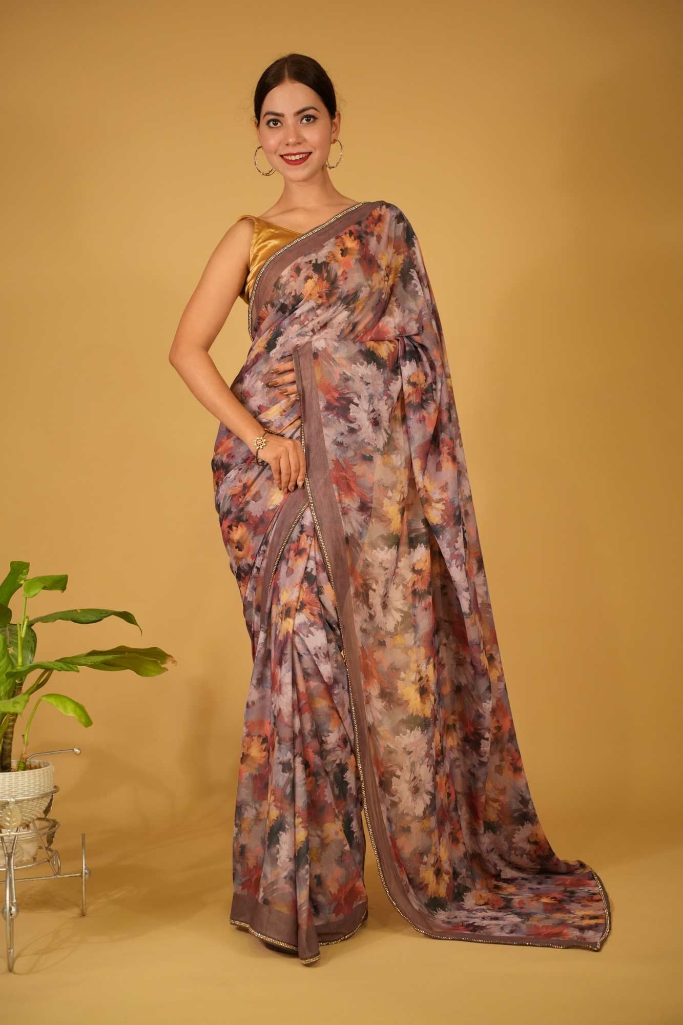 Exquisite Multicolor Floral With Sone Bordered Soft Moss Creap Ready To Wear Saree