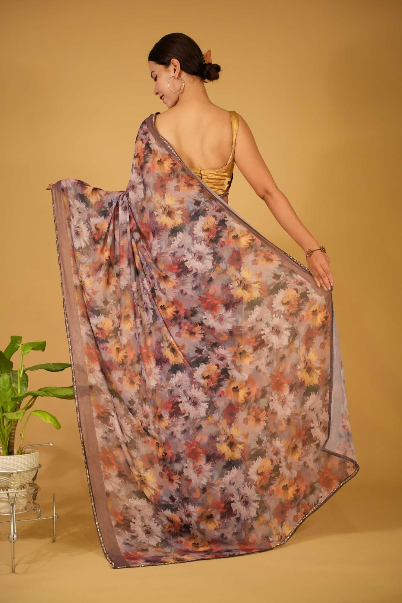 Exquisite Multicolor Floral With Sone Bordered Soft Moss Creap Ready To Wear Saree