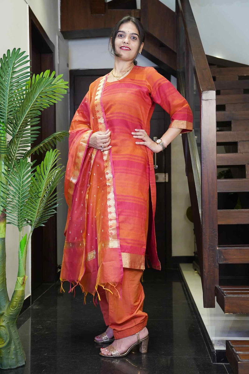 Orange & Red with Beautiful Golden Foil Work Dupatta Cotton Ready to wear Salwar-Kameez with Dupatta - Isadora Life