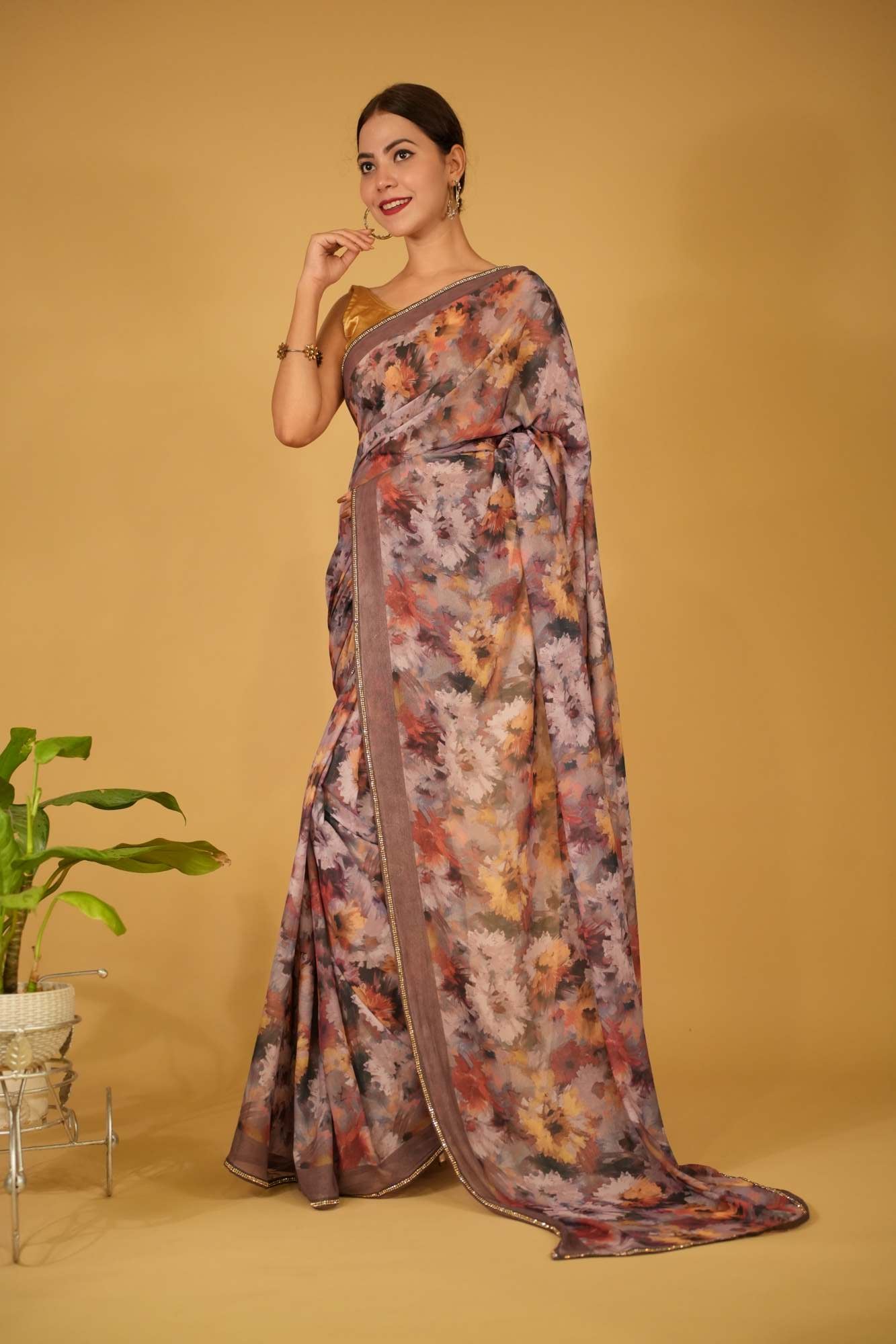 Exquisite Multicolor Floral With Sone Bordered Soft Moss Creap Ready To Wear Saree