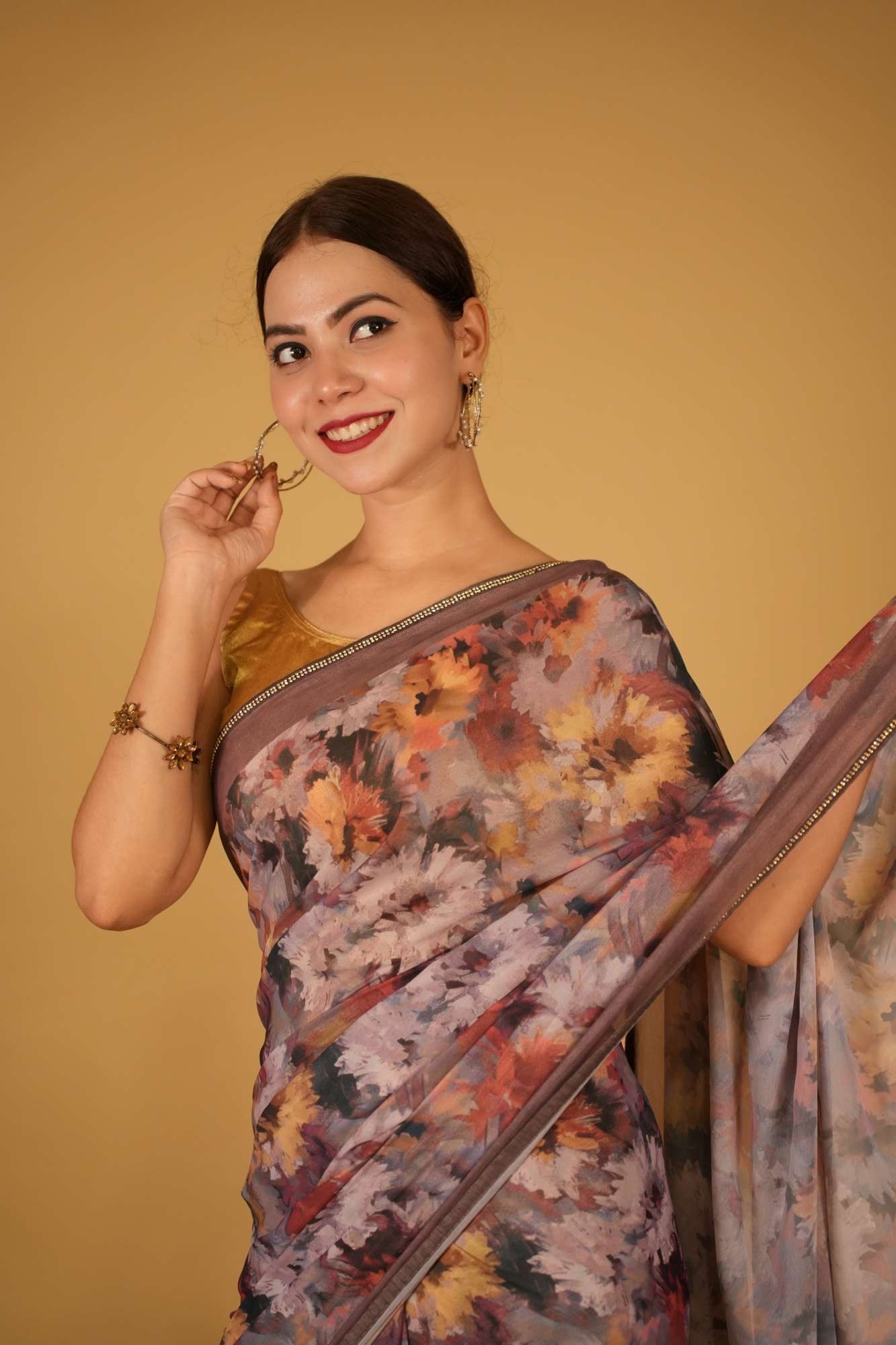 Exquisite Multicolor Floral With Sone Bordered Soft Moss Creap Ready To Wear Saree