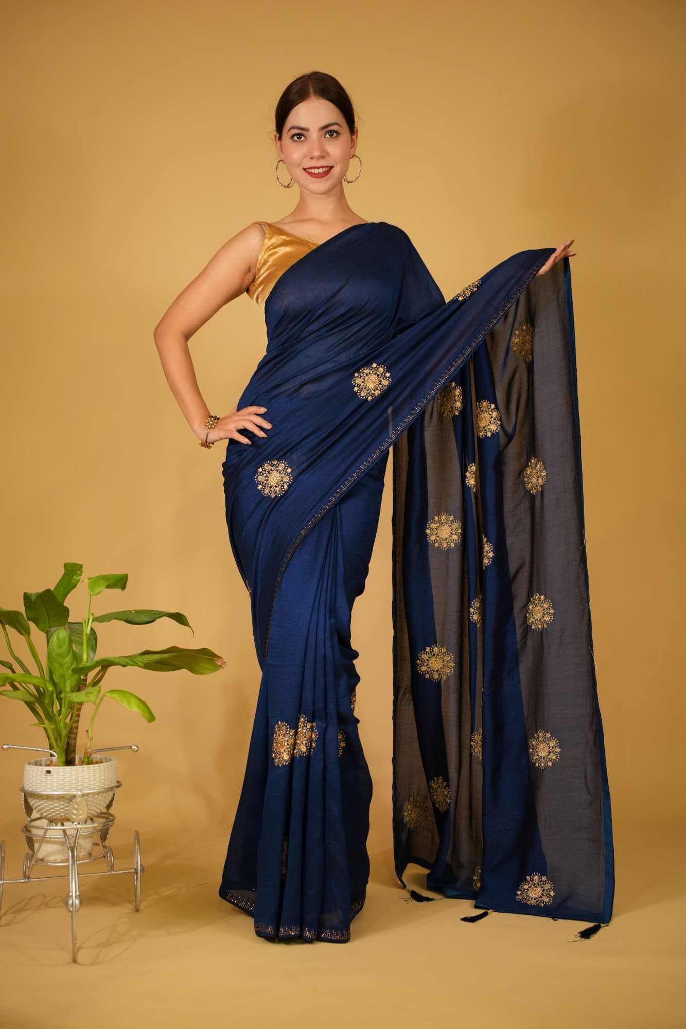 Deep Blue Soft Crepe With  Intricate Zari Detailed Motifs Pre-Stitch Saree