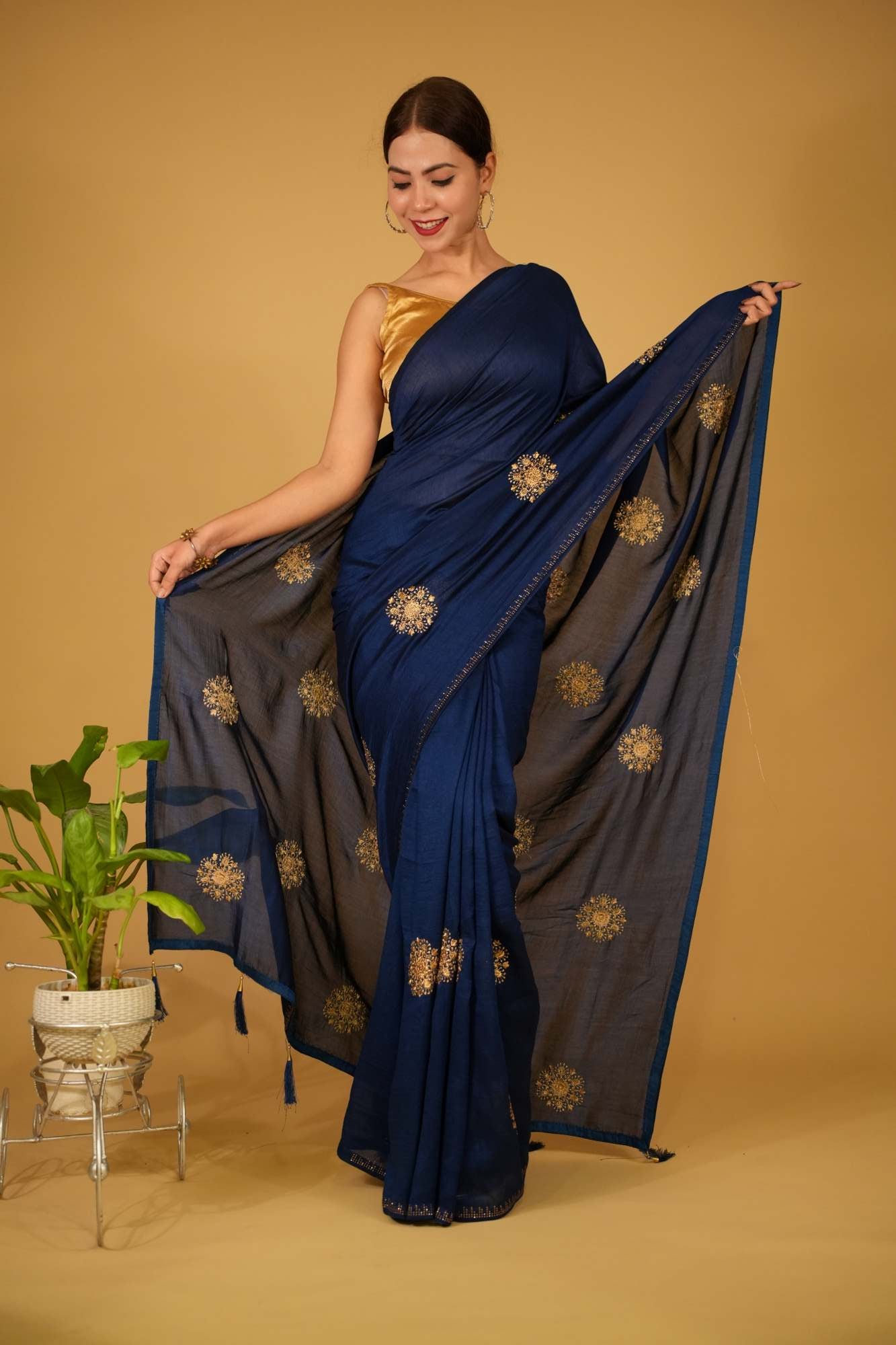 Deep Blue Soft Crepe With  Intricate Zari Detailed Motifs Pre-Stitch Saree