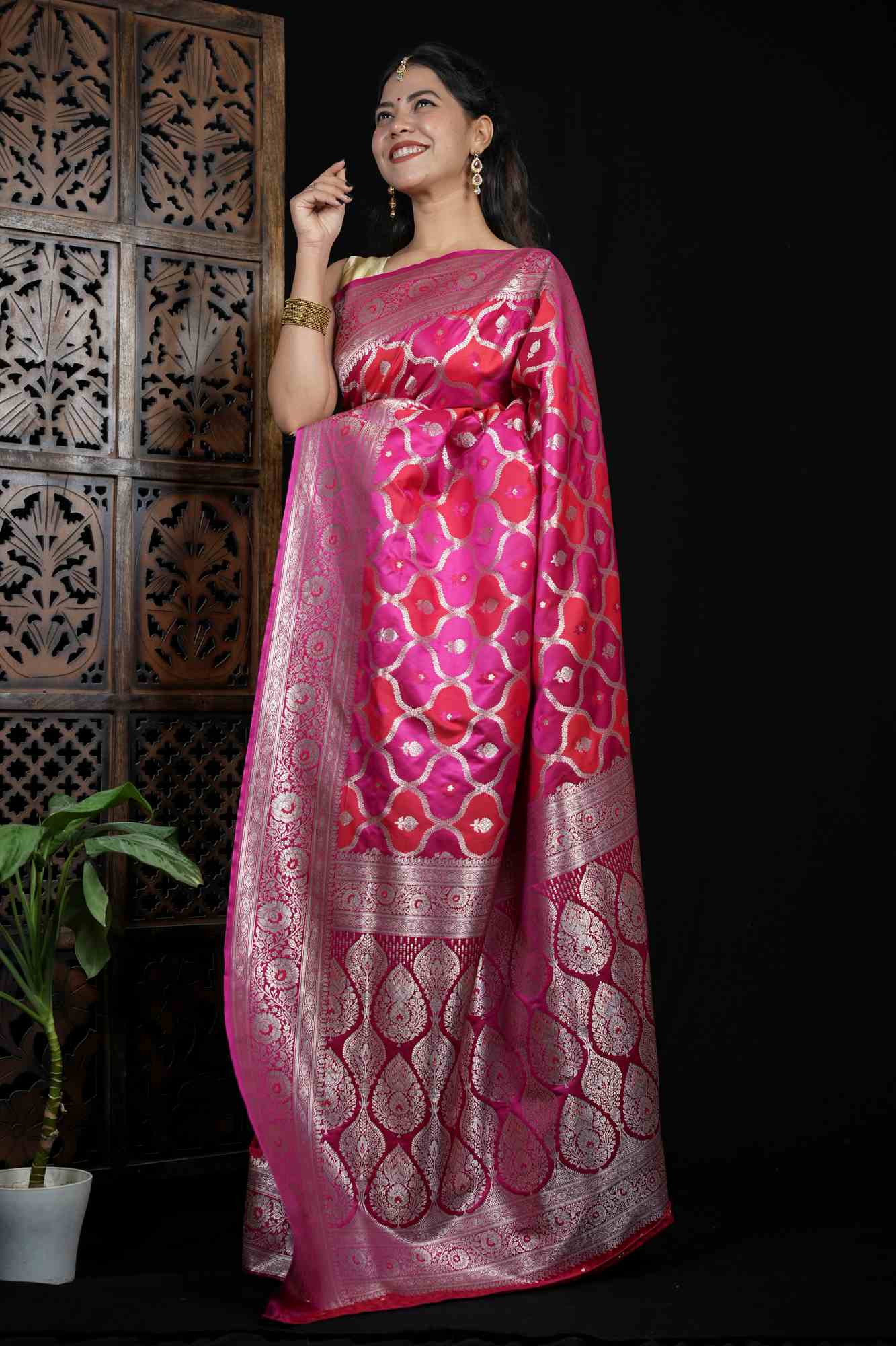 Mashru Silk with Intricate Zari Weaving and Floral Jaal Design Ready To Wear Saree