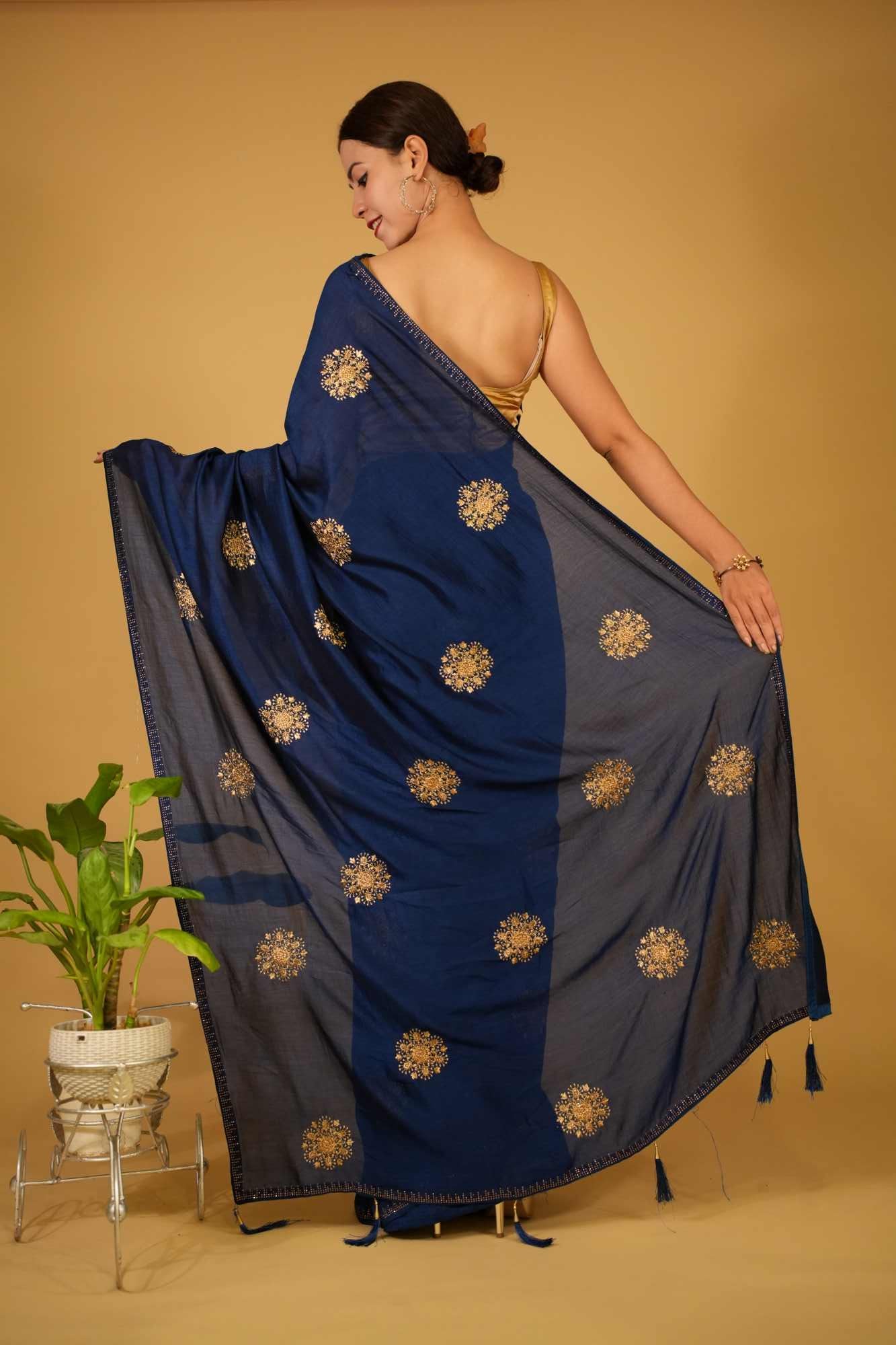 Deep Blue Soft Crepe With  Intricate Zari Detailed Motifs Pre-Stitch Saree