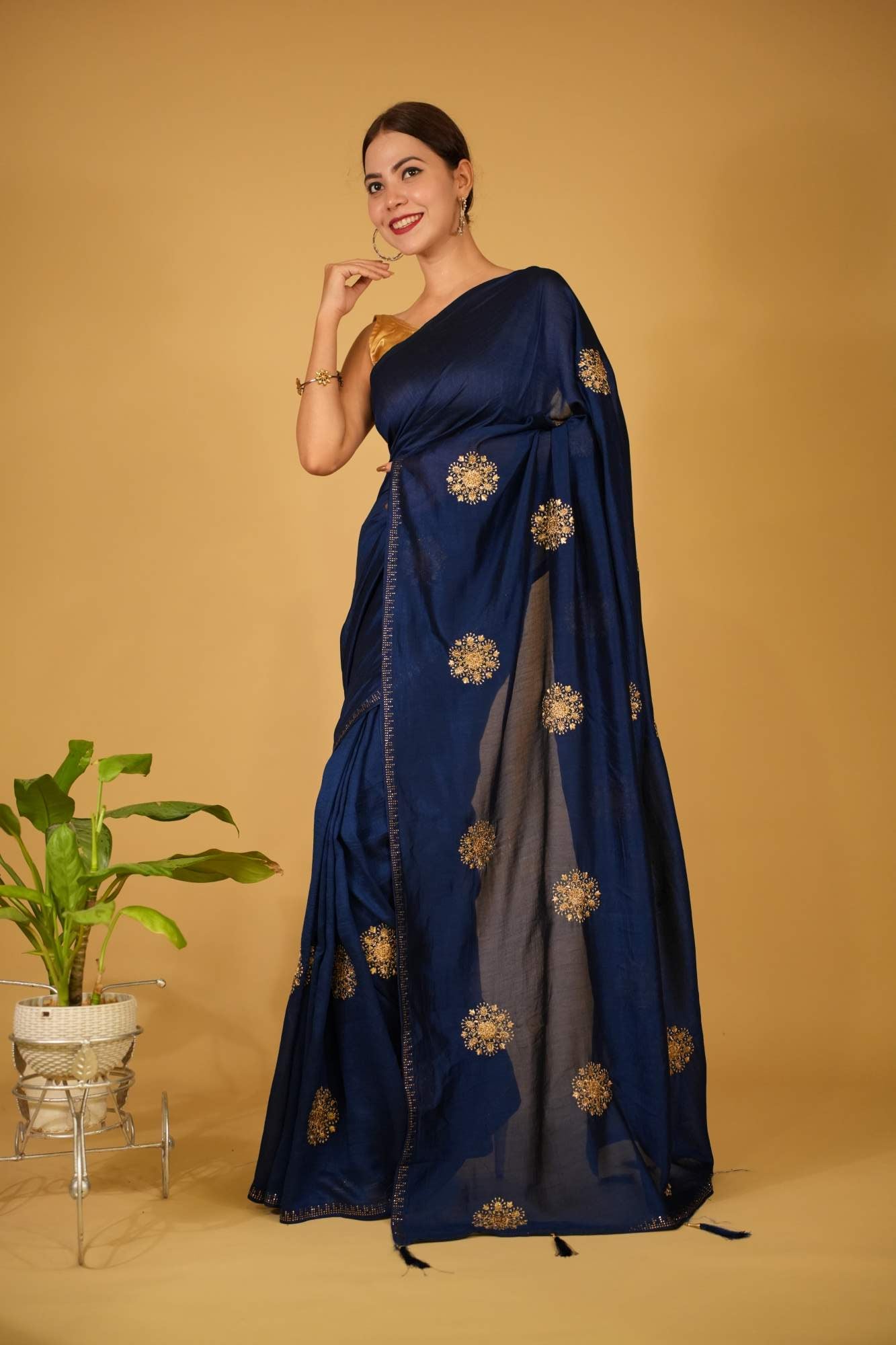 Deep Blue Soft Crepe With  Intricate Zari Detailed Motifs Pre-Stitch Saree