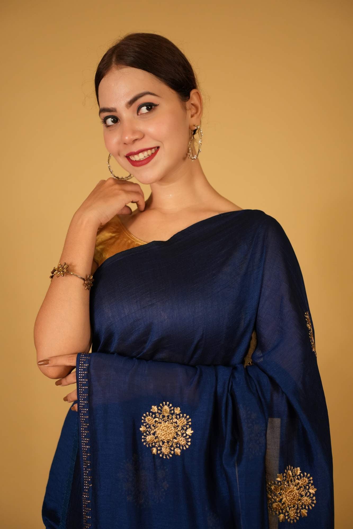 Deep Blue Soft Crepe With  Intricate Zari Detailed Motifs Pre-Stitch Saree