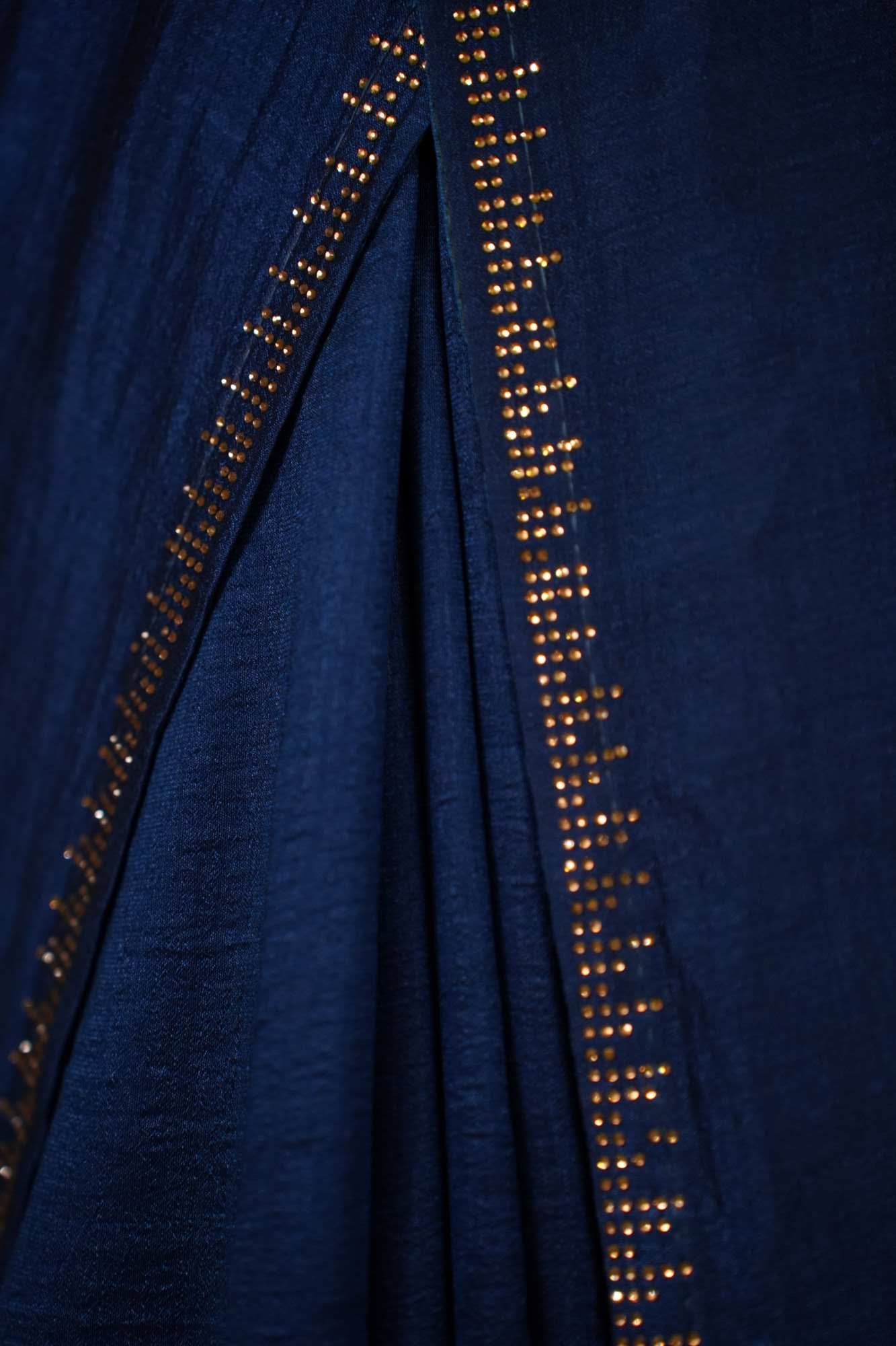 Deep Blue Soft Crepe With  Intricate Zari Detailed Motifs Pre-Stitch Saree