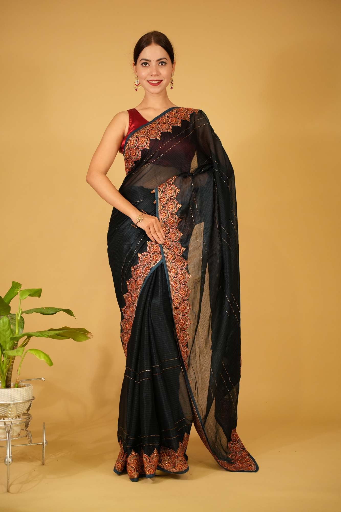 Party Style Soft Georgette silk With Multi Color Thread & Zari Detailed Border Ready To Wear Saree