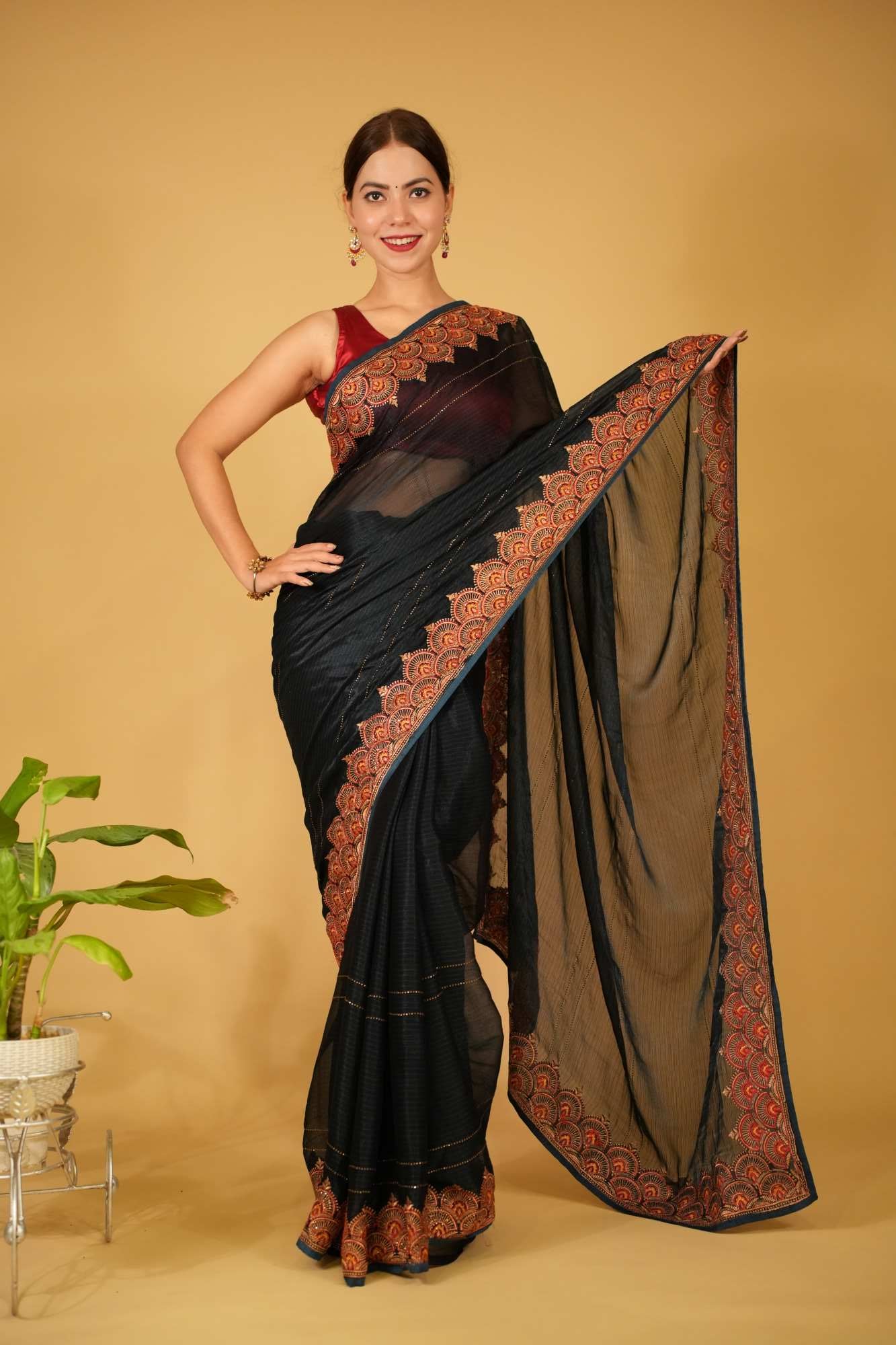 Party Style Soft Georgette silk With Multi Color Thread & Zari Detailed Border Ready To Wear Saree