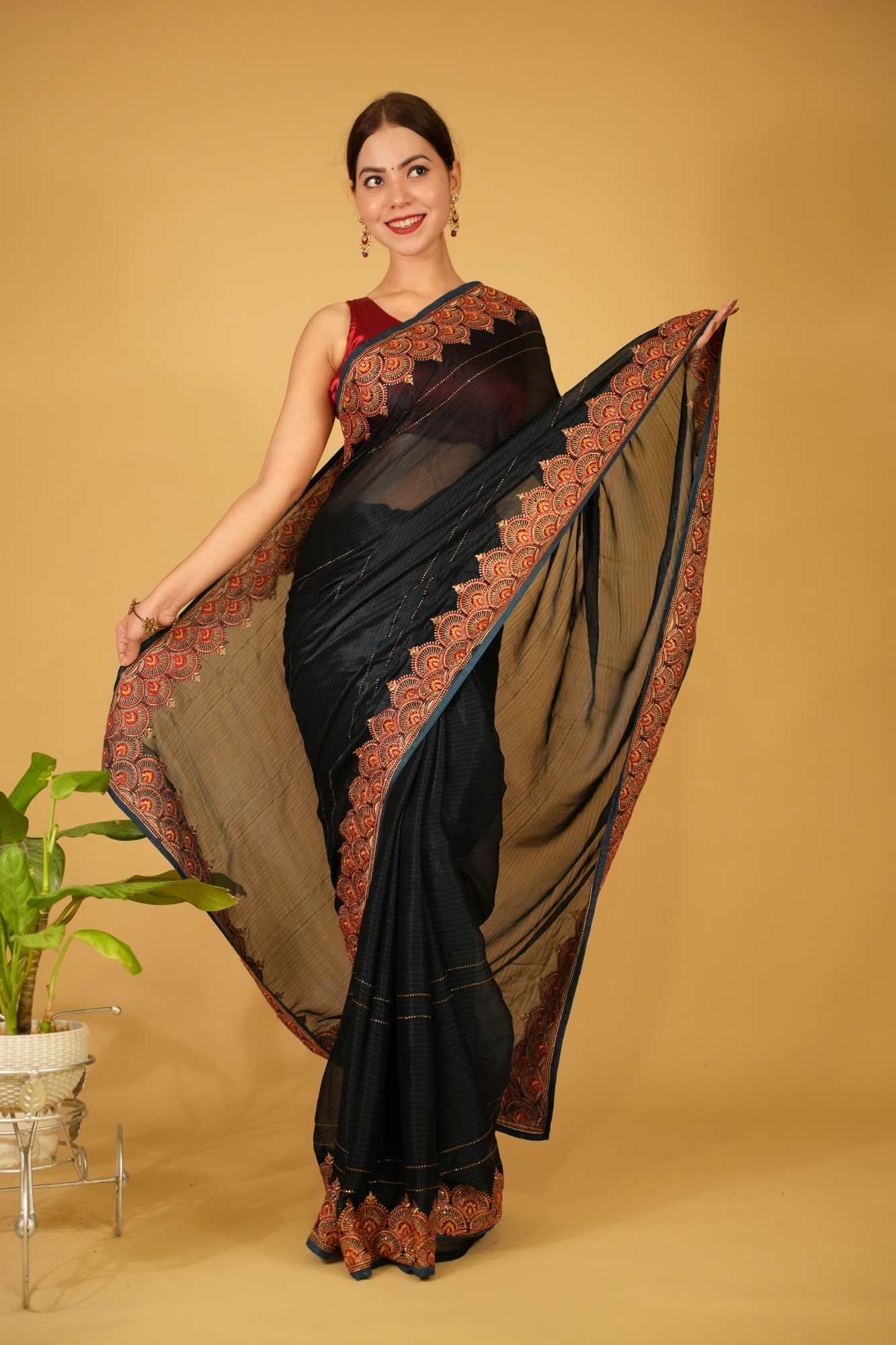 Party Style Soft Georgette silk With Multi Color Thread & Zari Detailed Border Ready To Wear Saree