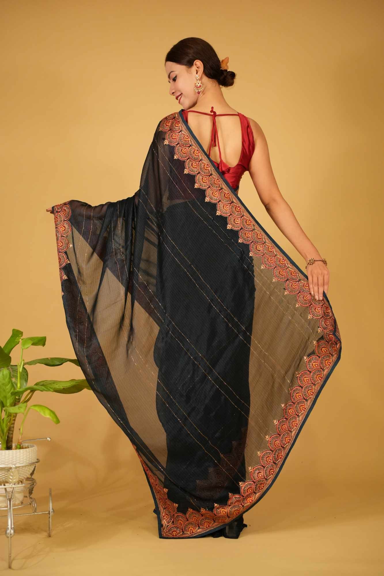 Party Style Soft Georgette silk With Multi Color Thread & Zari Detailed Border Ready To Wear Saree