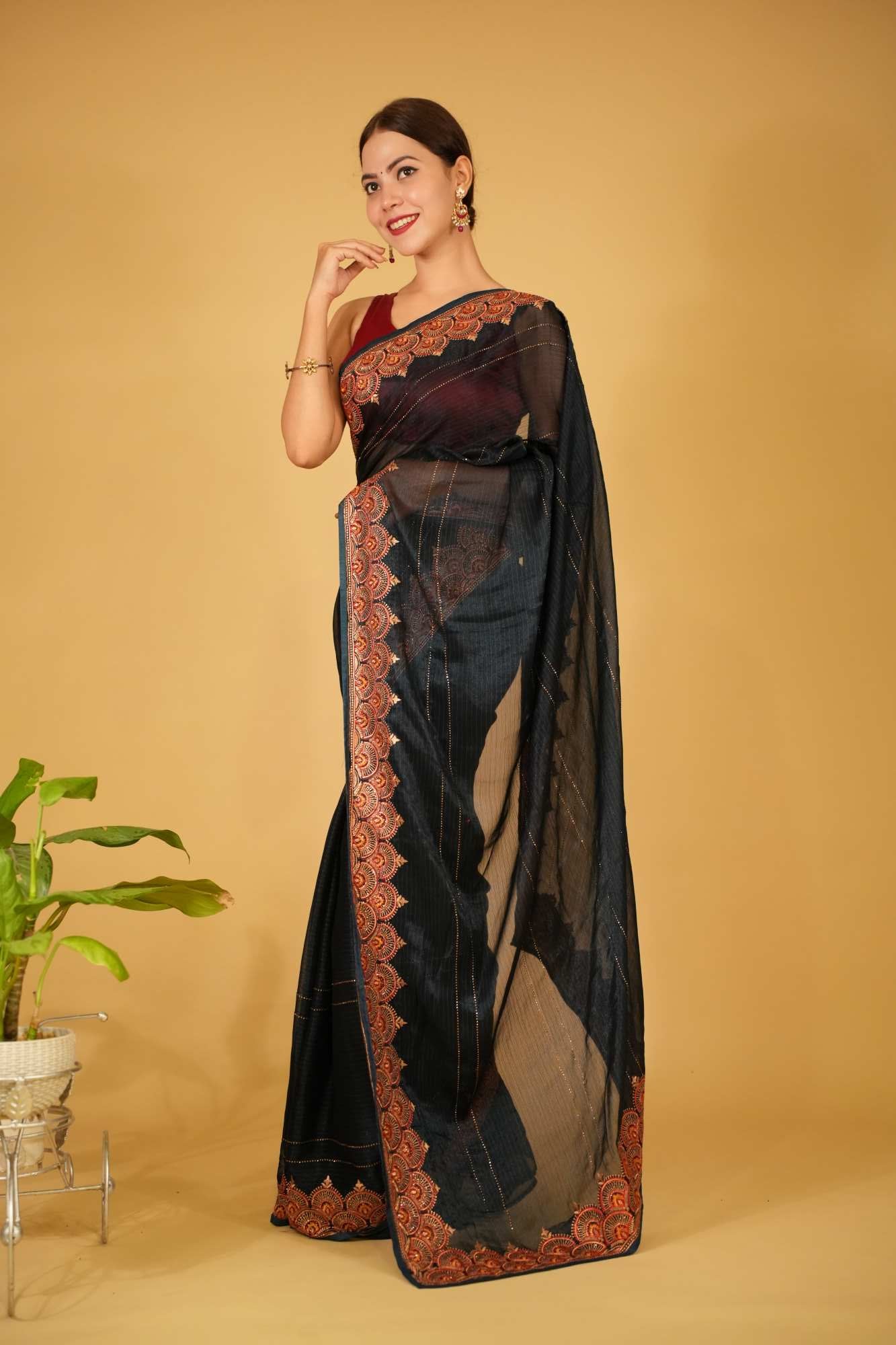 Party Style Soft Georgette silk With Multi Color Thread & Zari Detailed Border Ready To Wear Saree