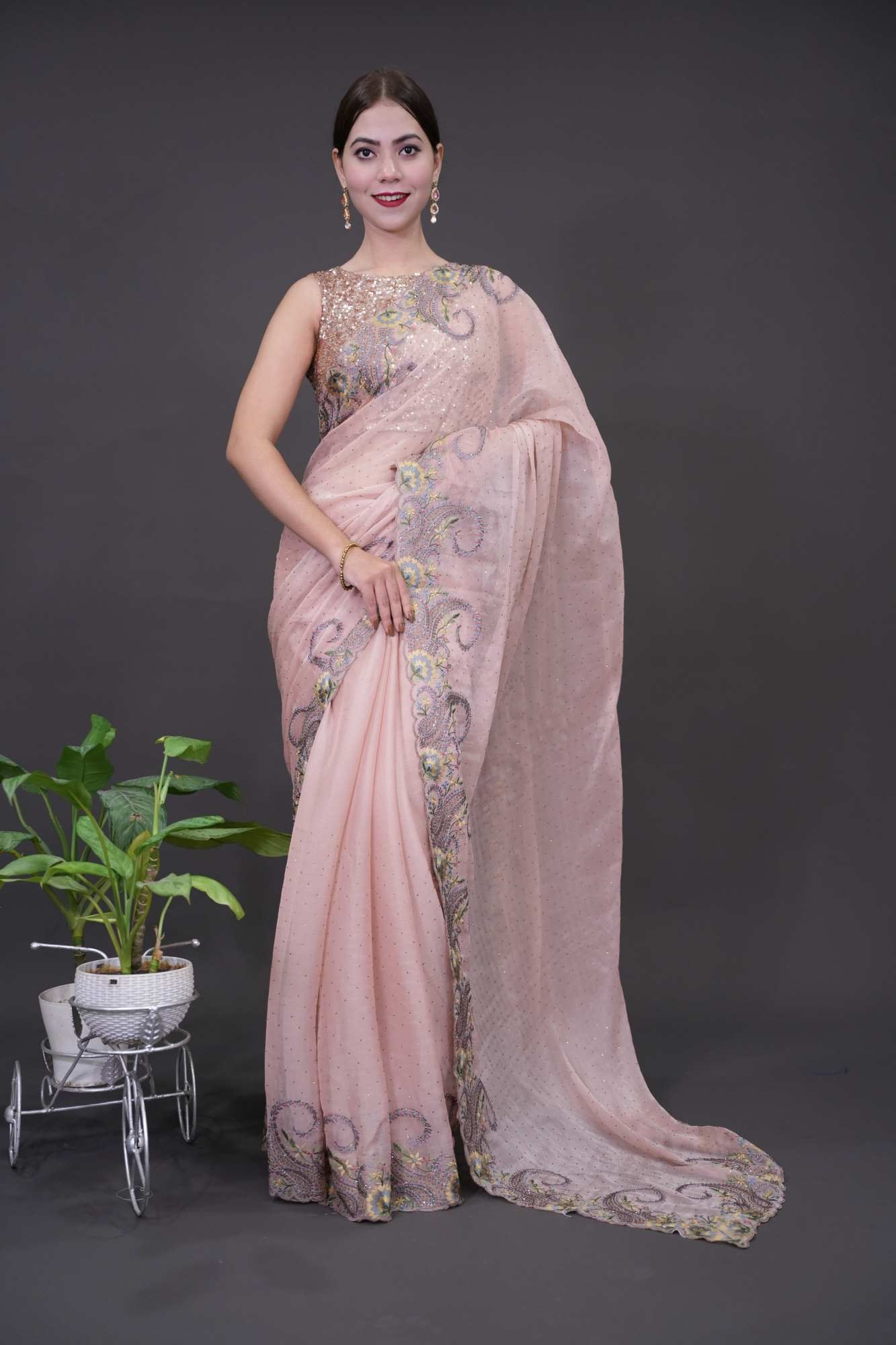 Soft & Shimmery Jimmy Choo  With Golden  & Sequin Embroidered Pre Drape Saree