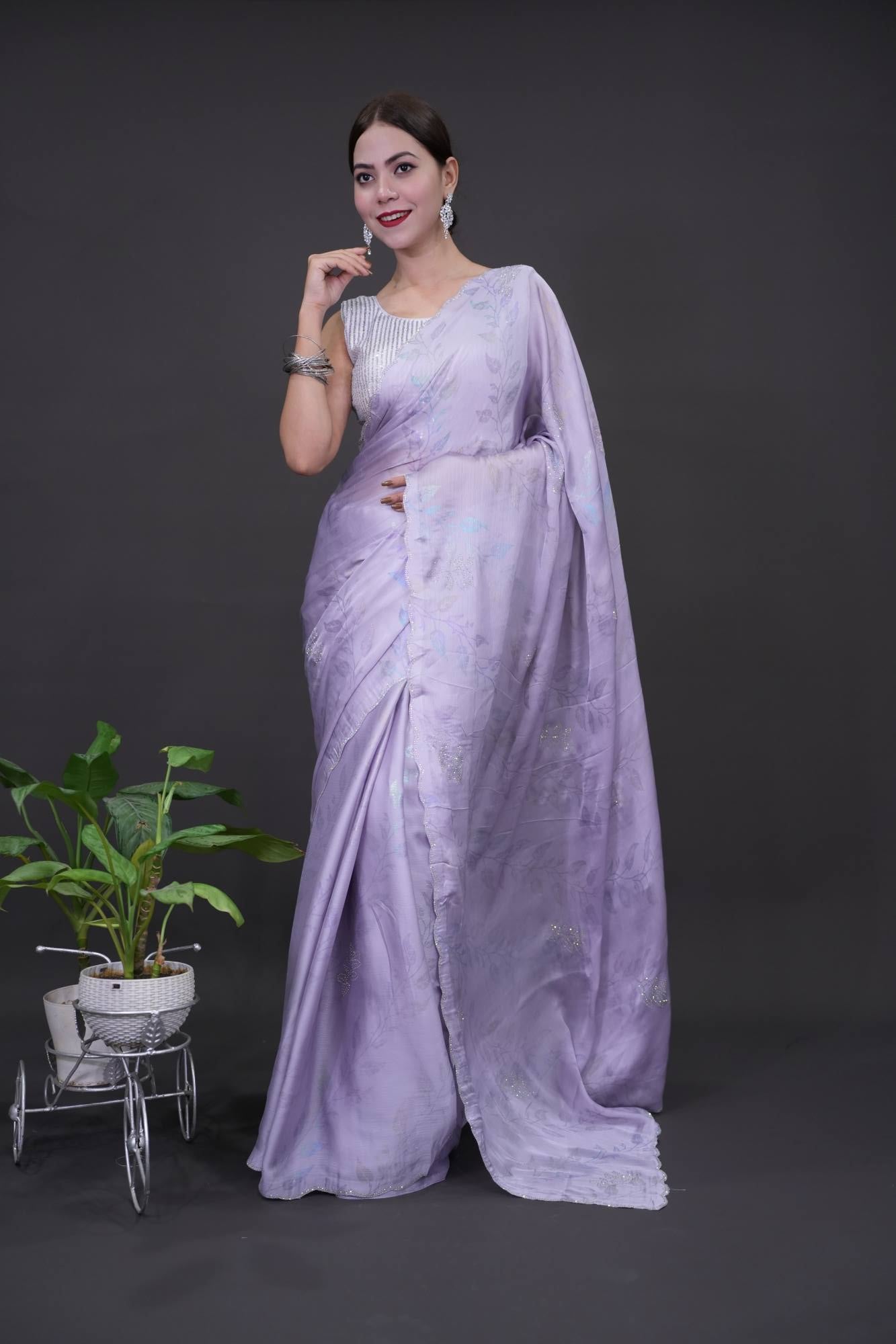 Grey Soft Chiffon Digital  Print With Overall Stone Embellished Wrap in 1 Minute Saree.