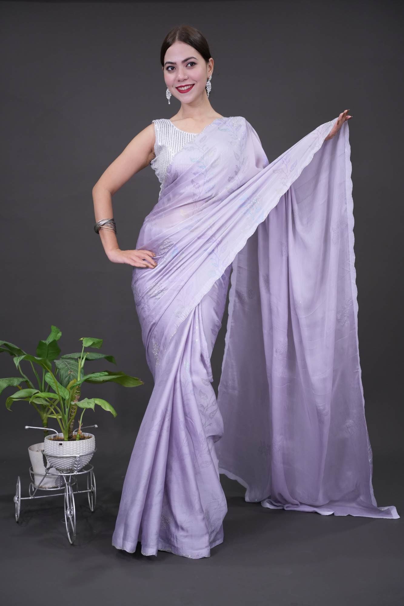 Grey Soft Chiffon Digital  Print With Overall Stone Embellished Wrap in 1 Minute Saree.