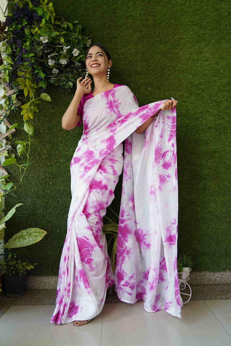 White And Pink Crush Chanderi With Mirror Wrap in 1 minute Saree with Readymade Blouse - Isadora Life