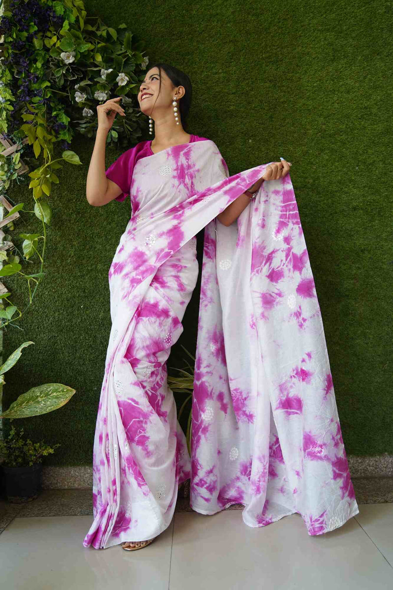White And Pink Crush Chanderi With Mirror Wrap in 1 minute Saree with Readymade Blouse - Isadora Life