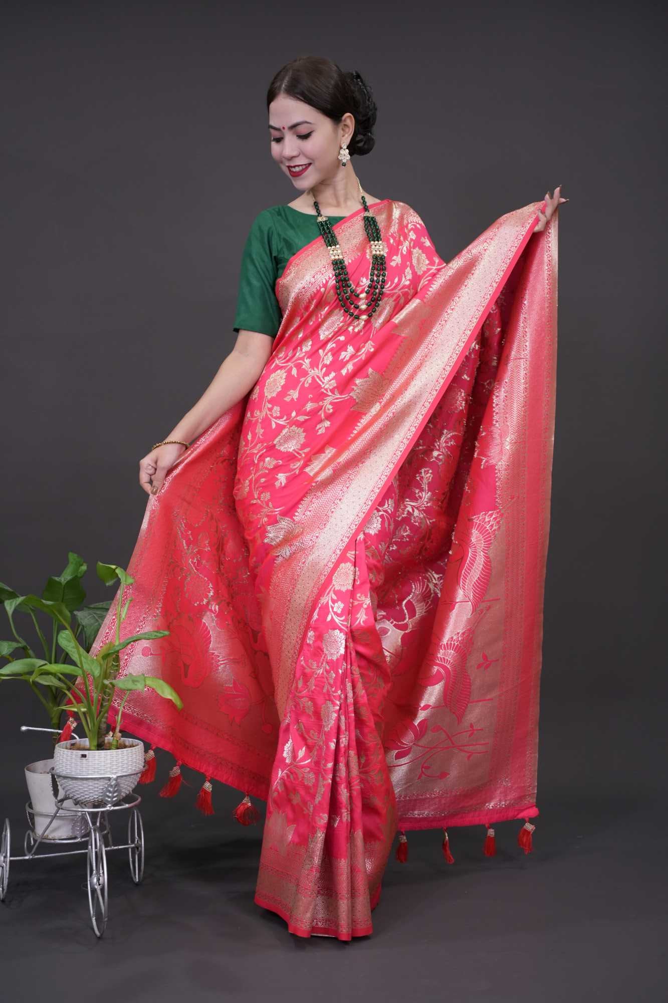 Banarasi Jaal floral weave with overall  golden Floral zari Zaal  work   Wrap in 1 minute saree