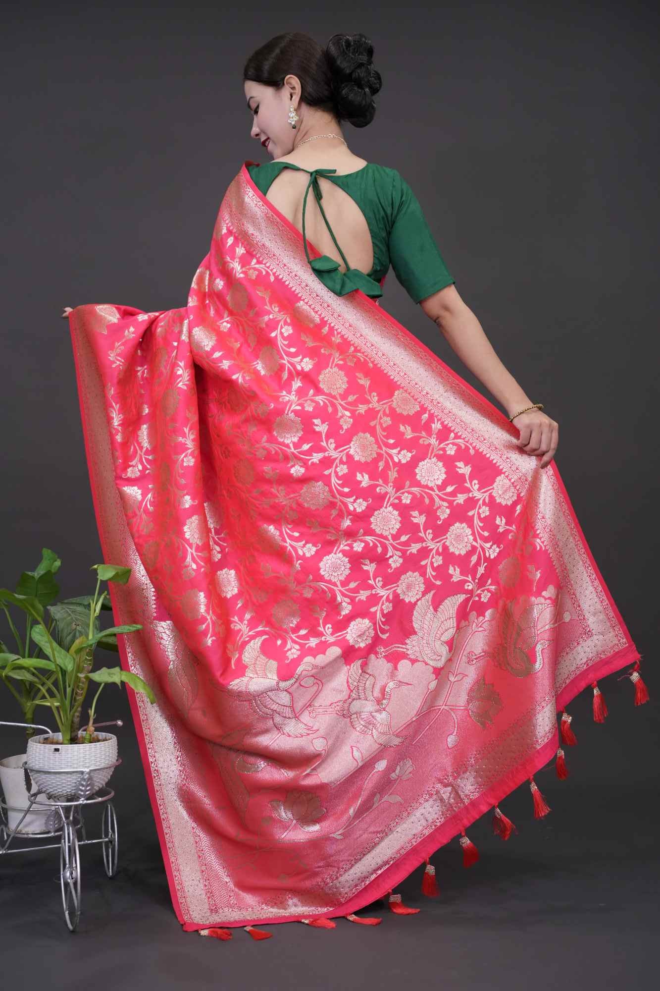 Banarasi Jaal floral weave with overall  golden Floral zari Zaal  work   Wrap in 1 minute saree