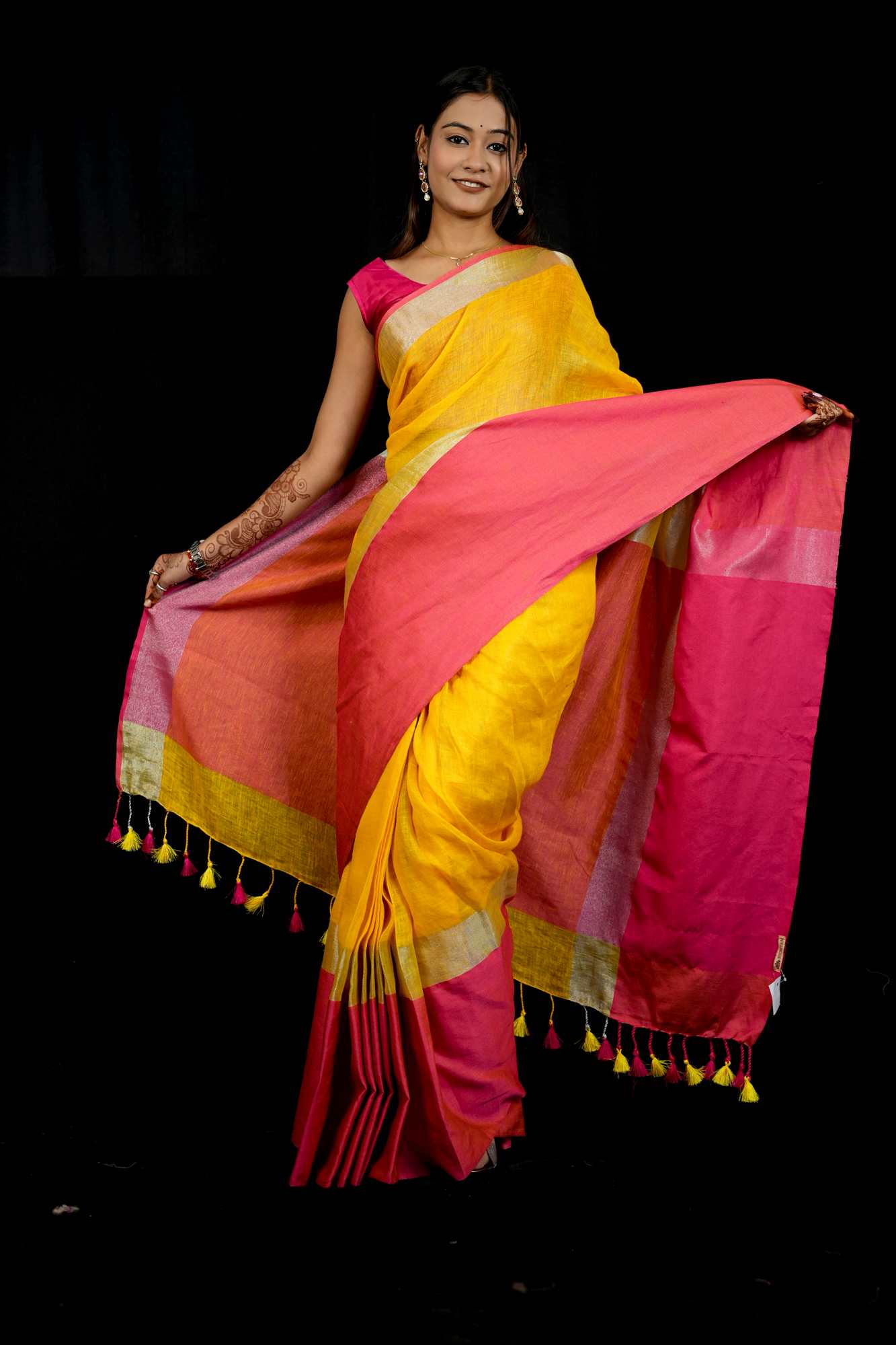 Yellow and Bright Pink Wide Border Linen by Linen  Ready to wear Saree