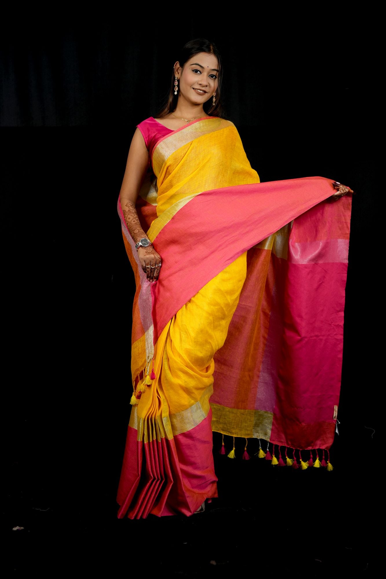 Yellow and Bright Pink Wide Border Linen by Linen  Ready to wear Saree