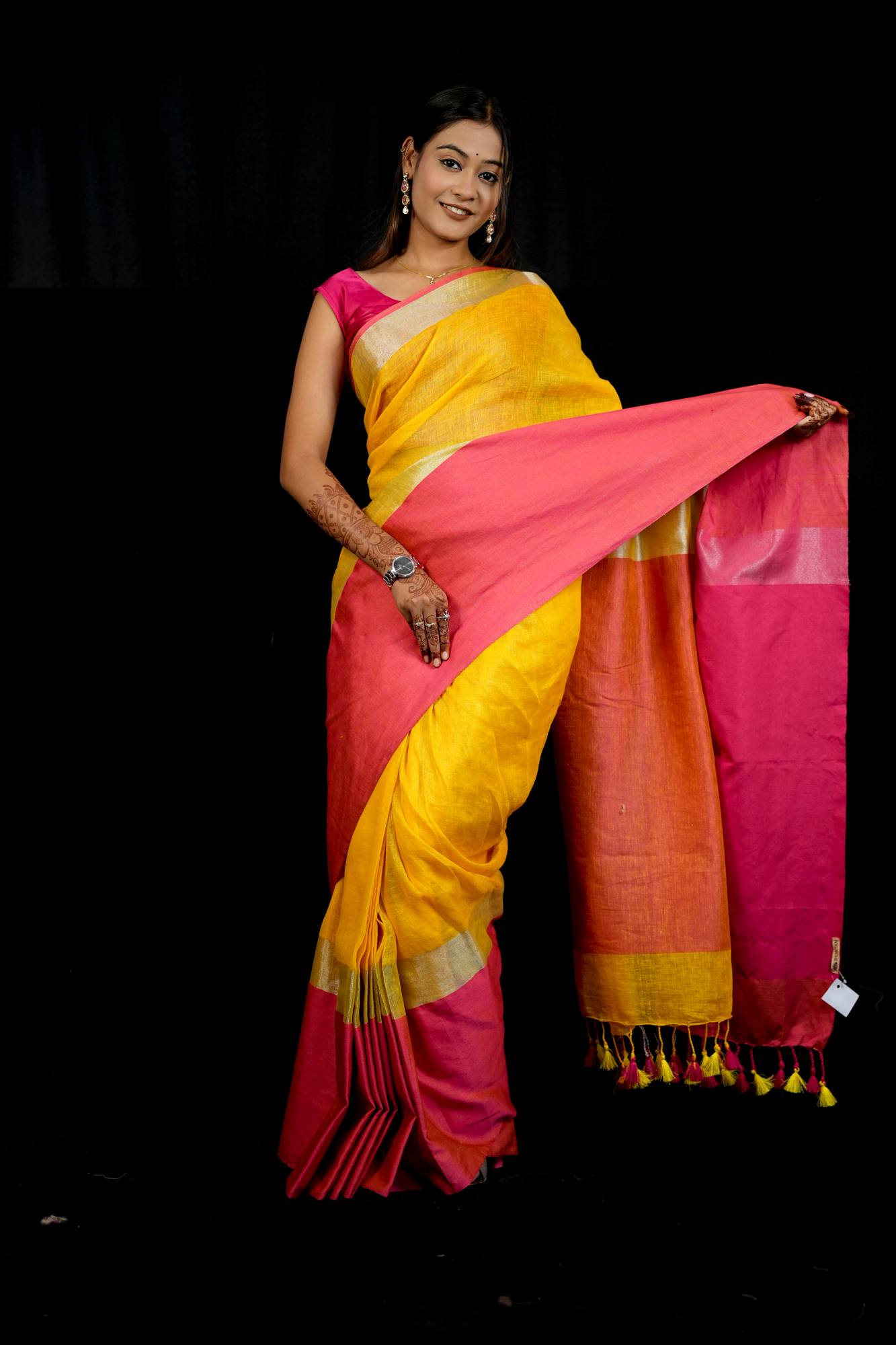 Yellow and Bright Pink Wide Border Linen by Linen  Ready to wear Saree