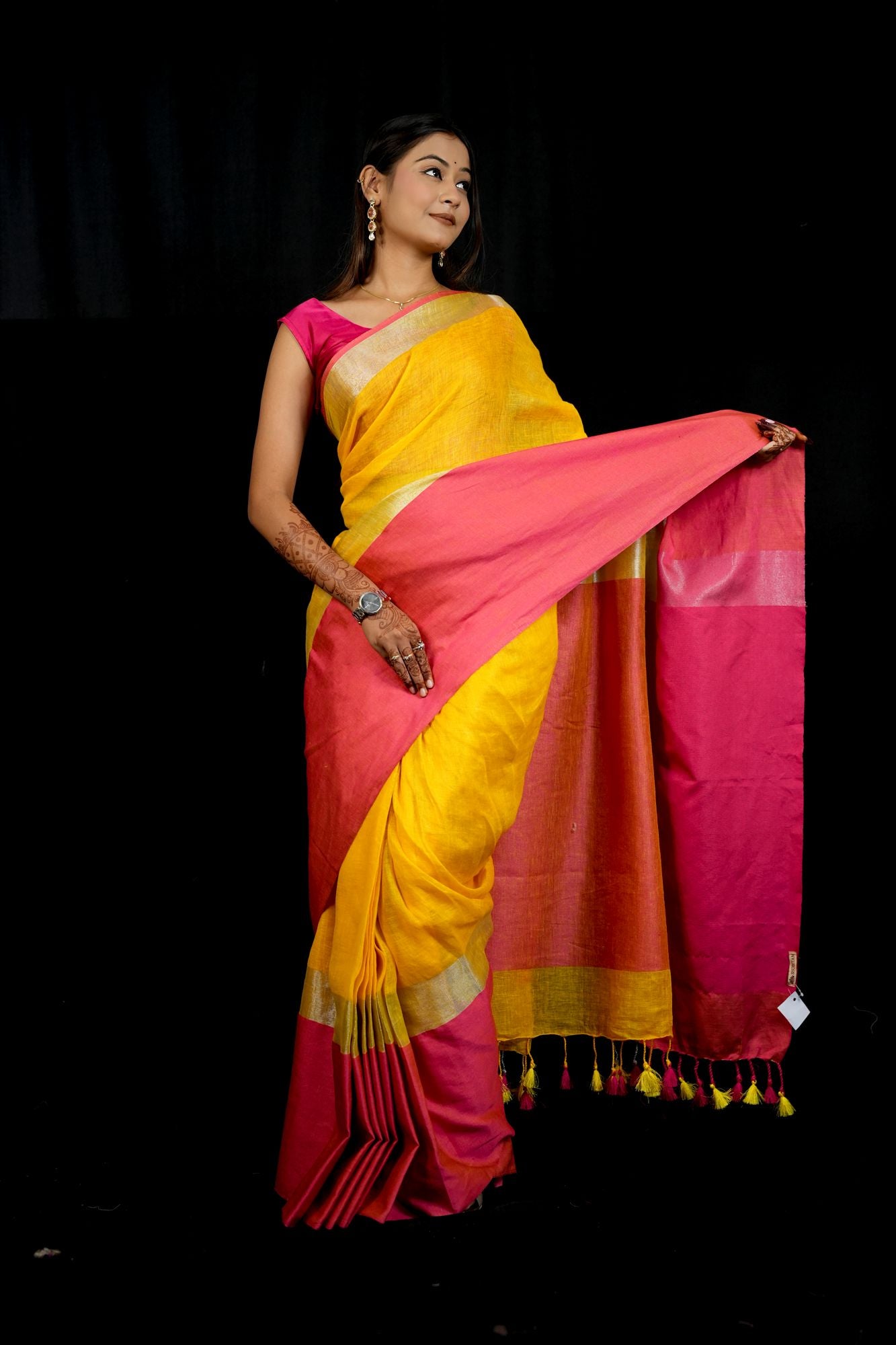 Yellow and Bright Pink Wide Border Linen by Linen  Ready to wear Saree