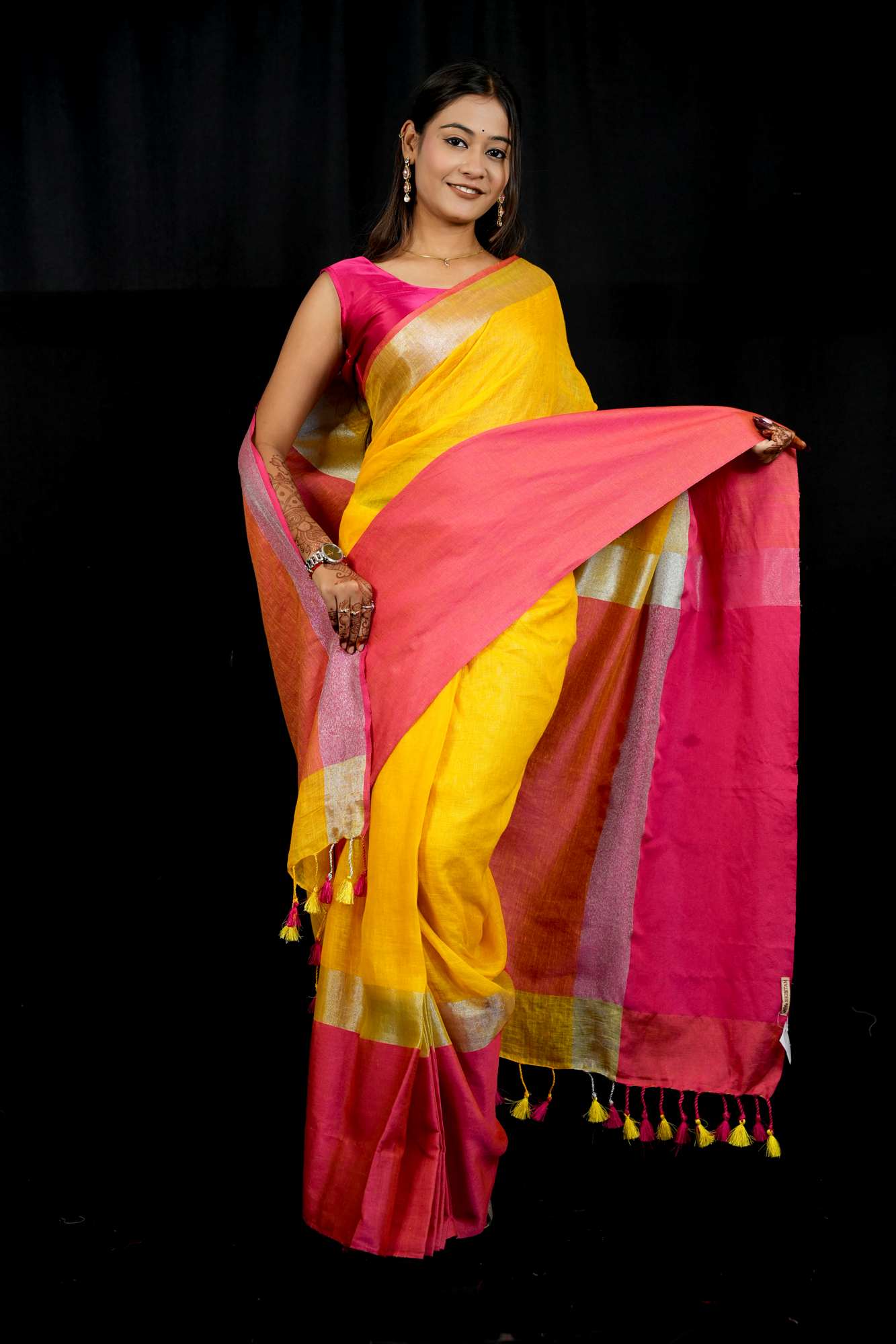 Yellow and Bright Pink Wide Border Linen by Linen  Ready to wear Saree