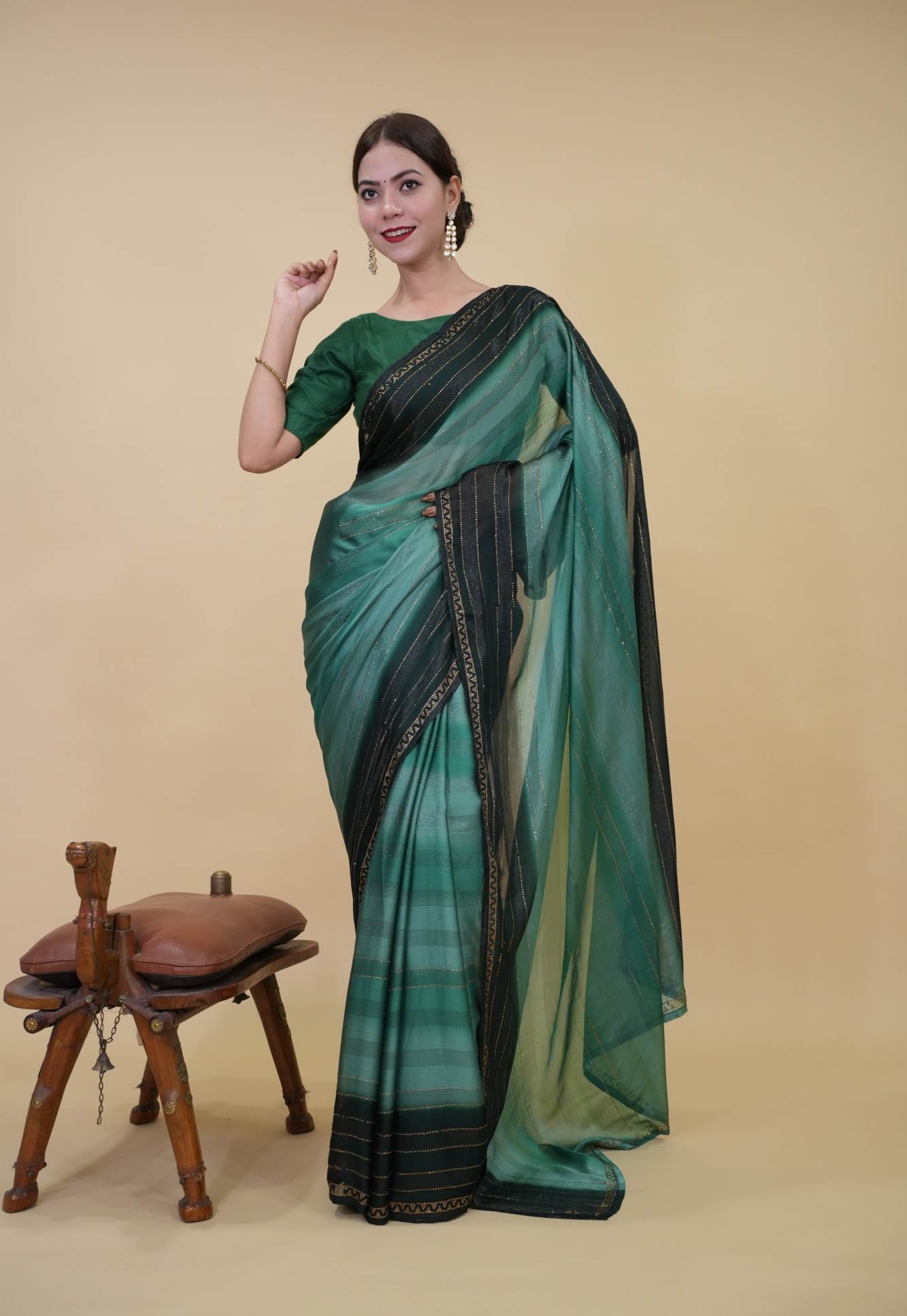 Ombre Green Shade With Shimmery Striped Soft Chiffon Stone Detailed Border Pre Drape Saree