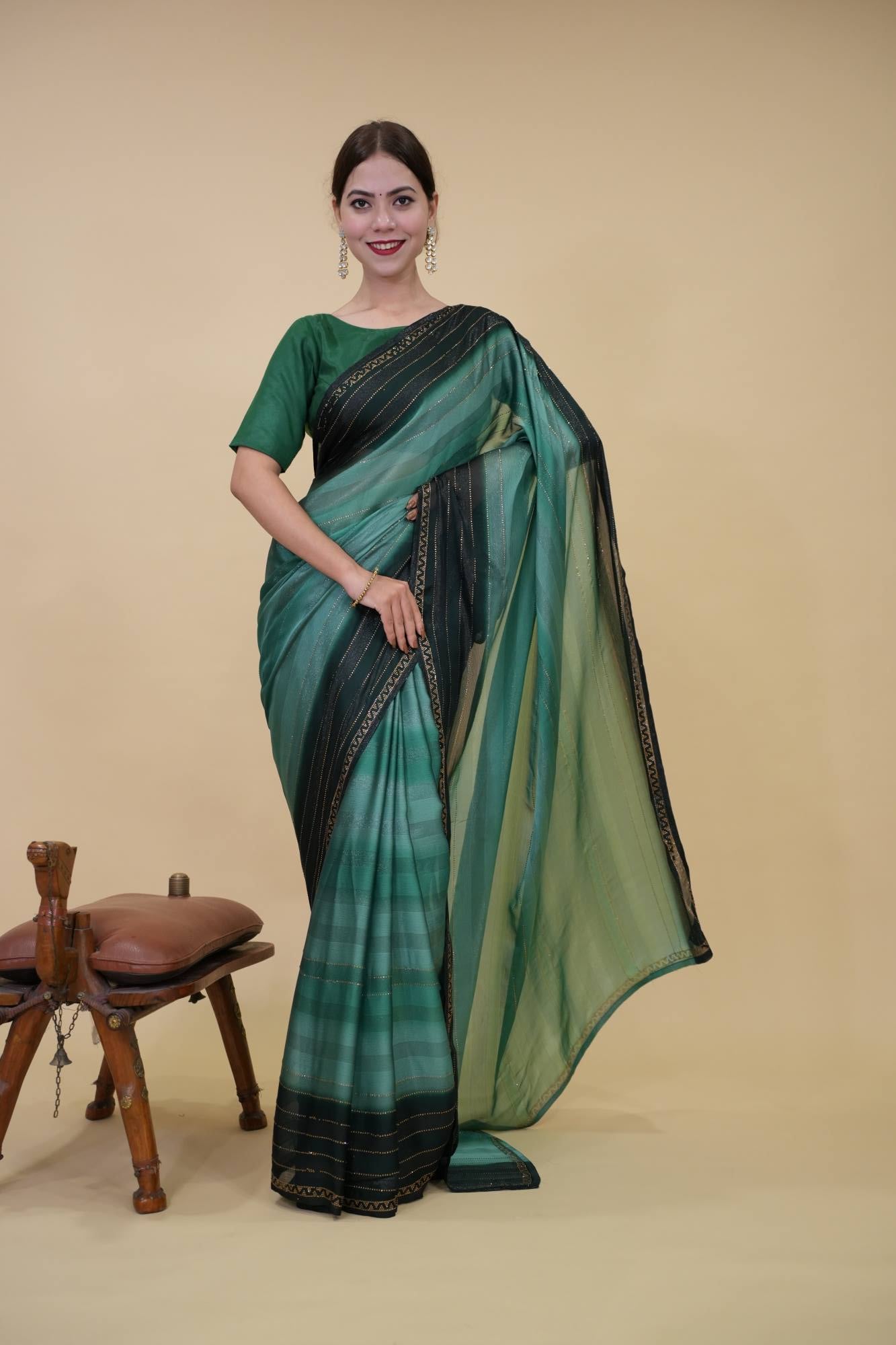 Ombre Green Shade With Shimmery Striped Soft Chiffon Stone Detailed Border Pre Drape Saree