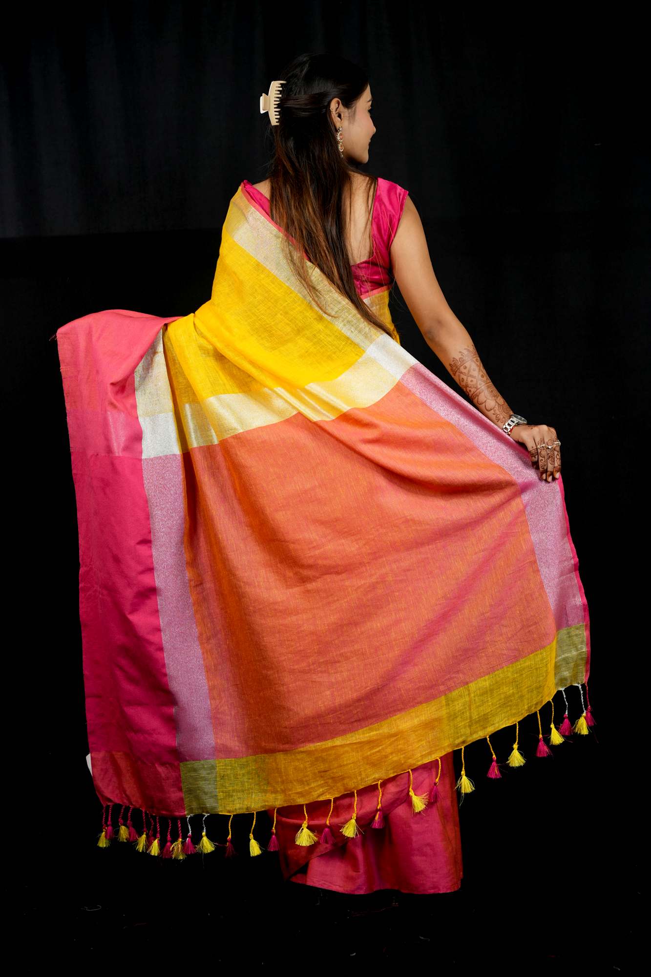 Yellow and Bright Pink Wide Border Linen by Linen  Ready to wear Saree