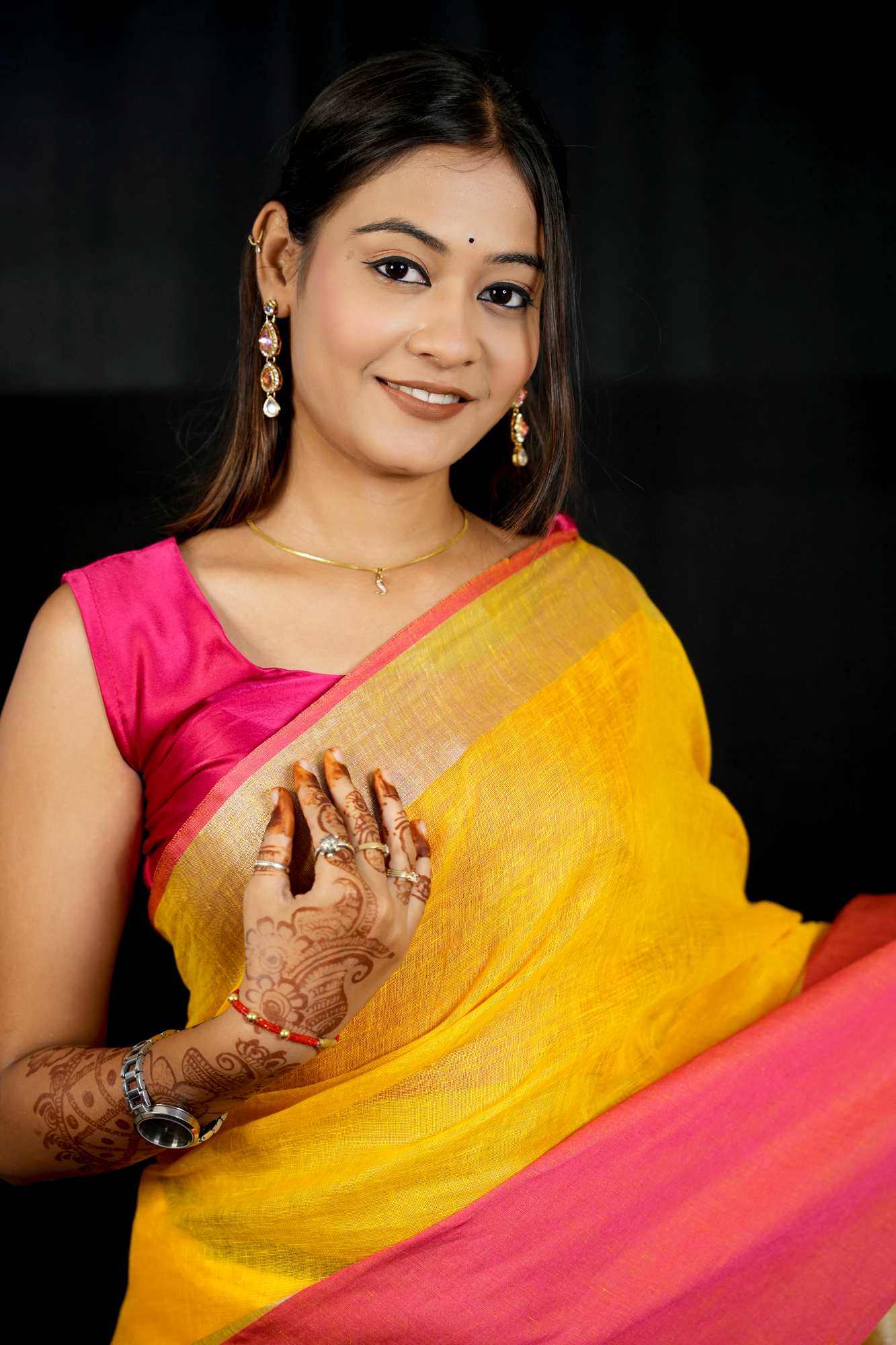 Yellow and Bright Pink Wide Border Linen by Linen  Ready to wear Saree