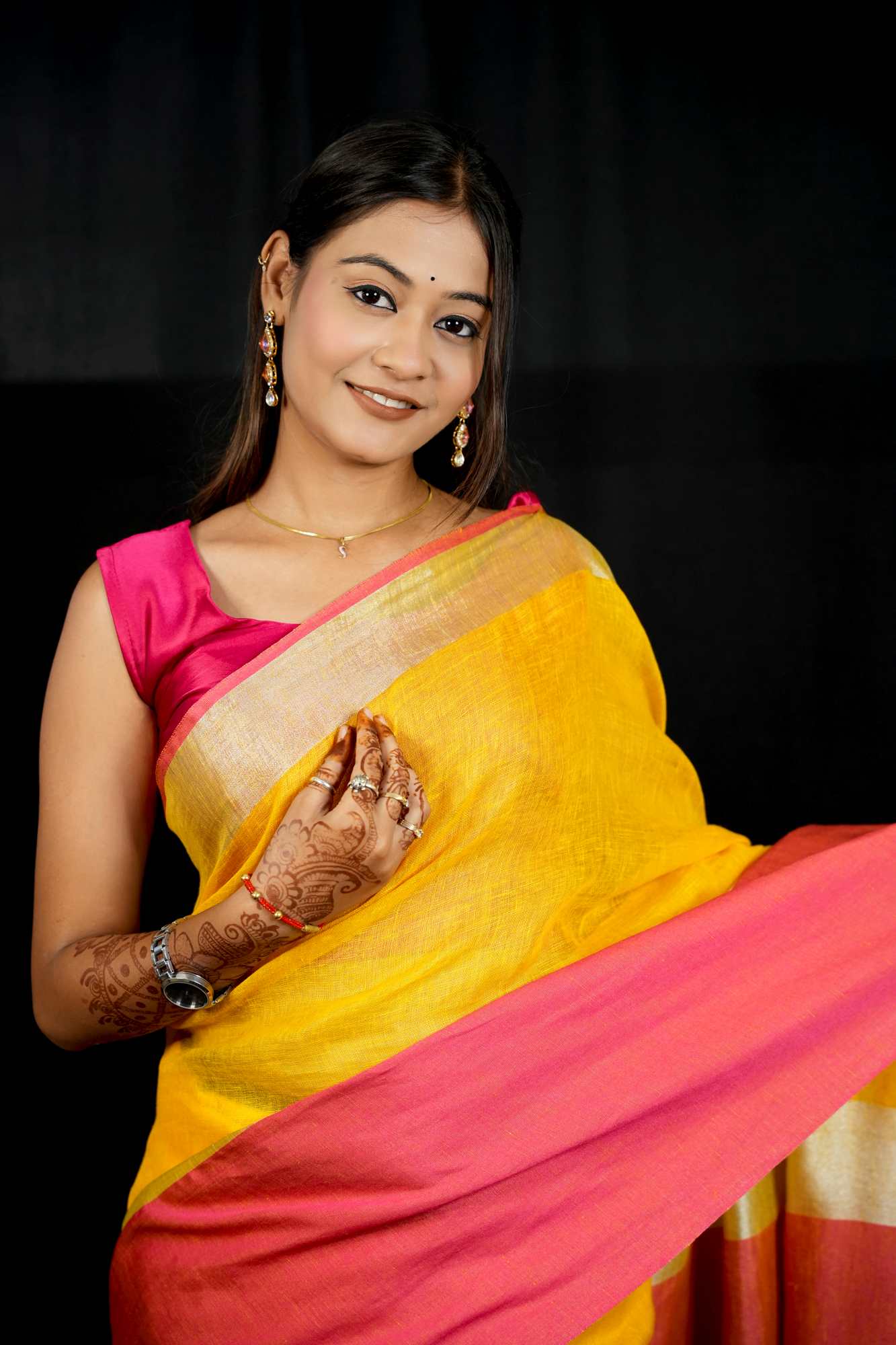 Yellow and Bright Pink Wide Border Linen by Linen  Ready to wear Saree