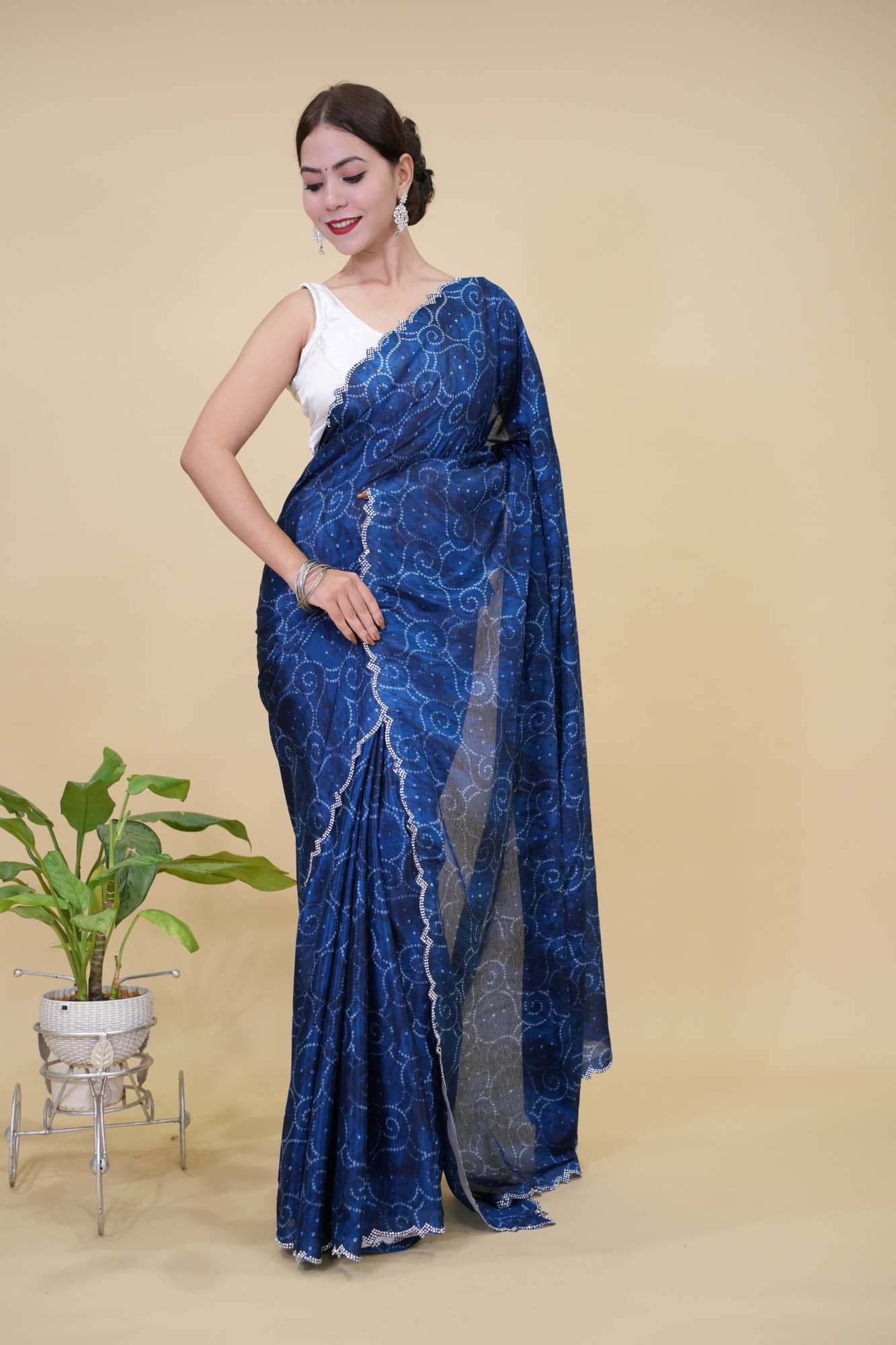 Beautiful Blue Bandhej Printed Soft Chinon with Sequins border Wrap In One Minute Saree