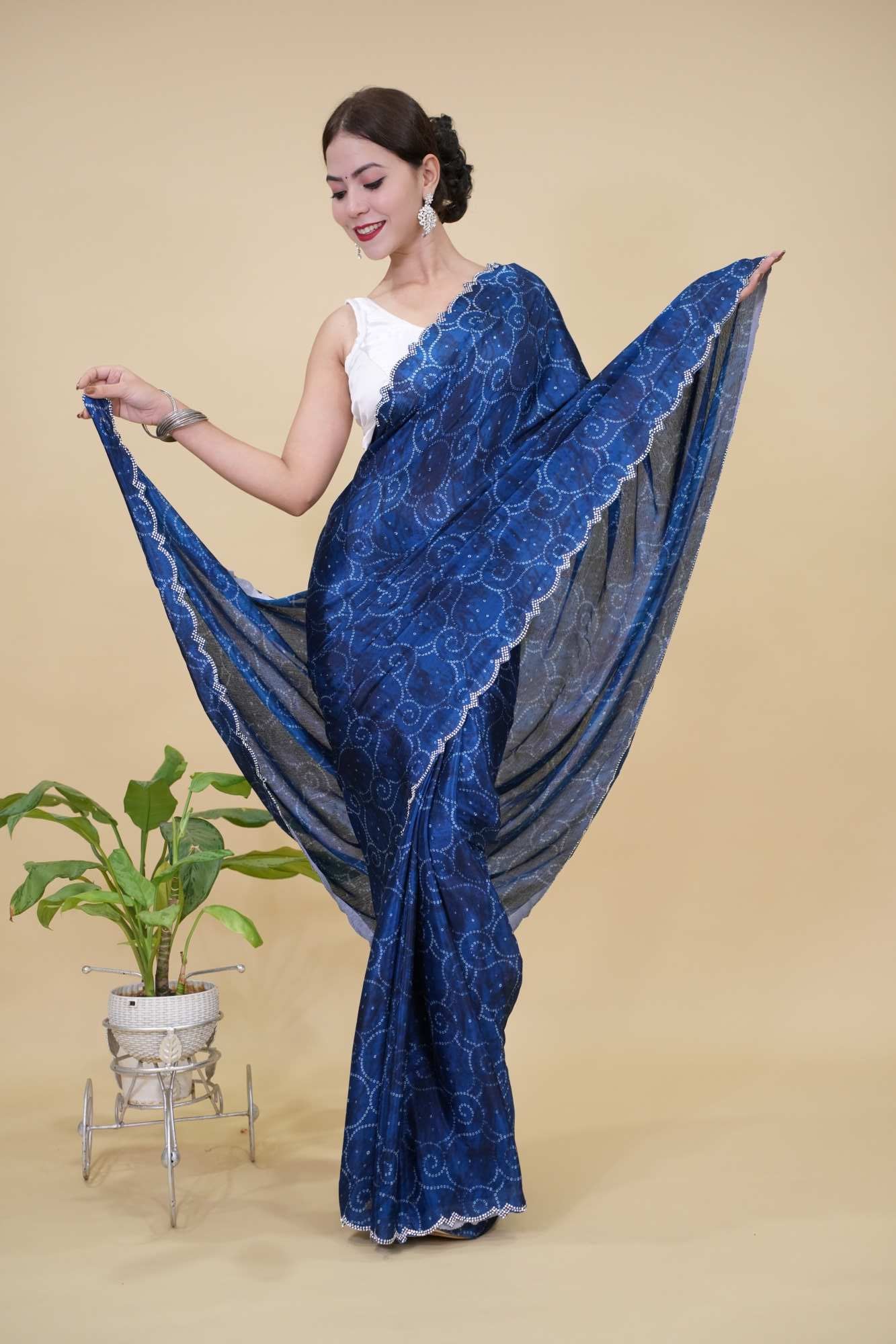 Beautiful Blue Bandhej Printed Soft Chinon with Sequins border Wrap In One Minute Saree