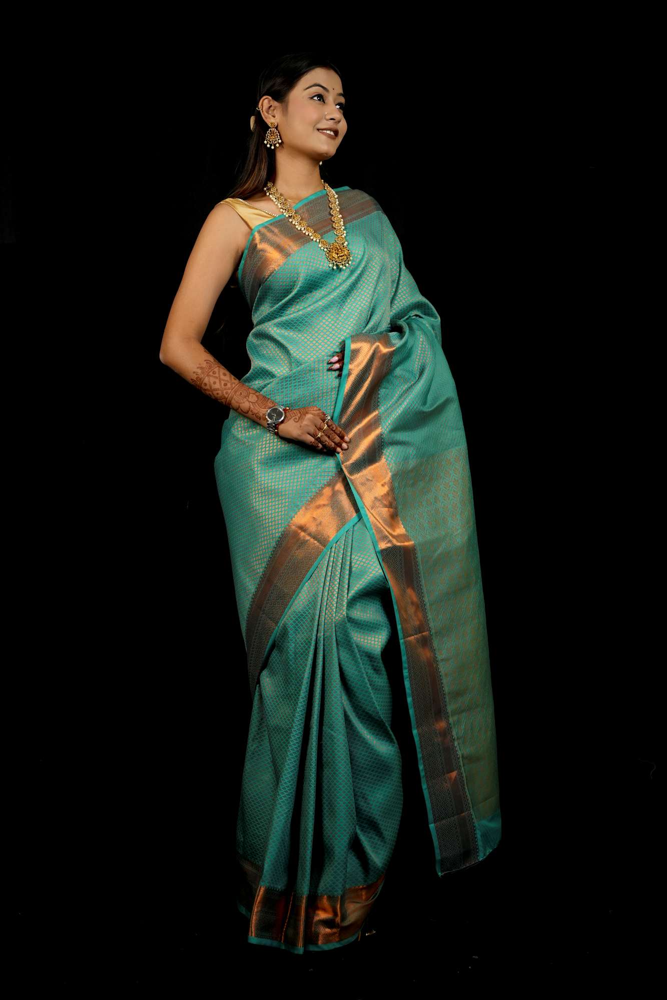 Bridal Silk with Intricate Geometric Weave & Rich Zari Border Ready To Wear Saree