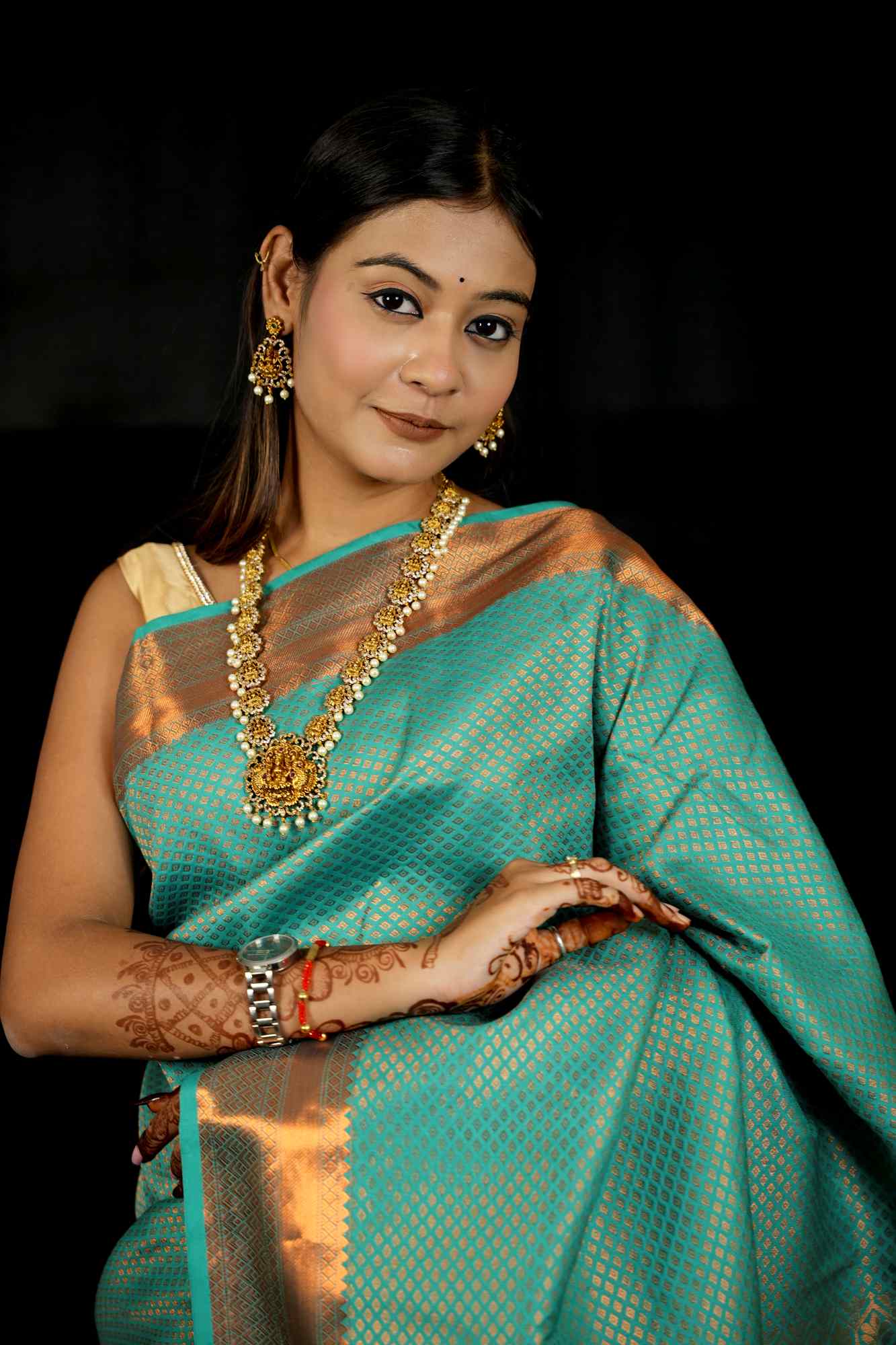 Bridal Silk with Intricate Geometric Weave & Rich Zari Border Ready To Wear Saree