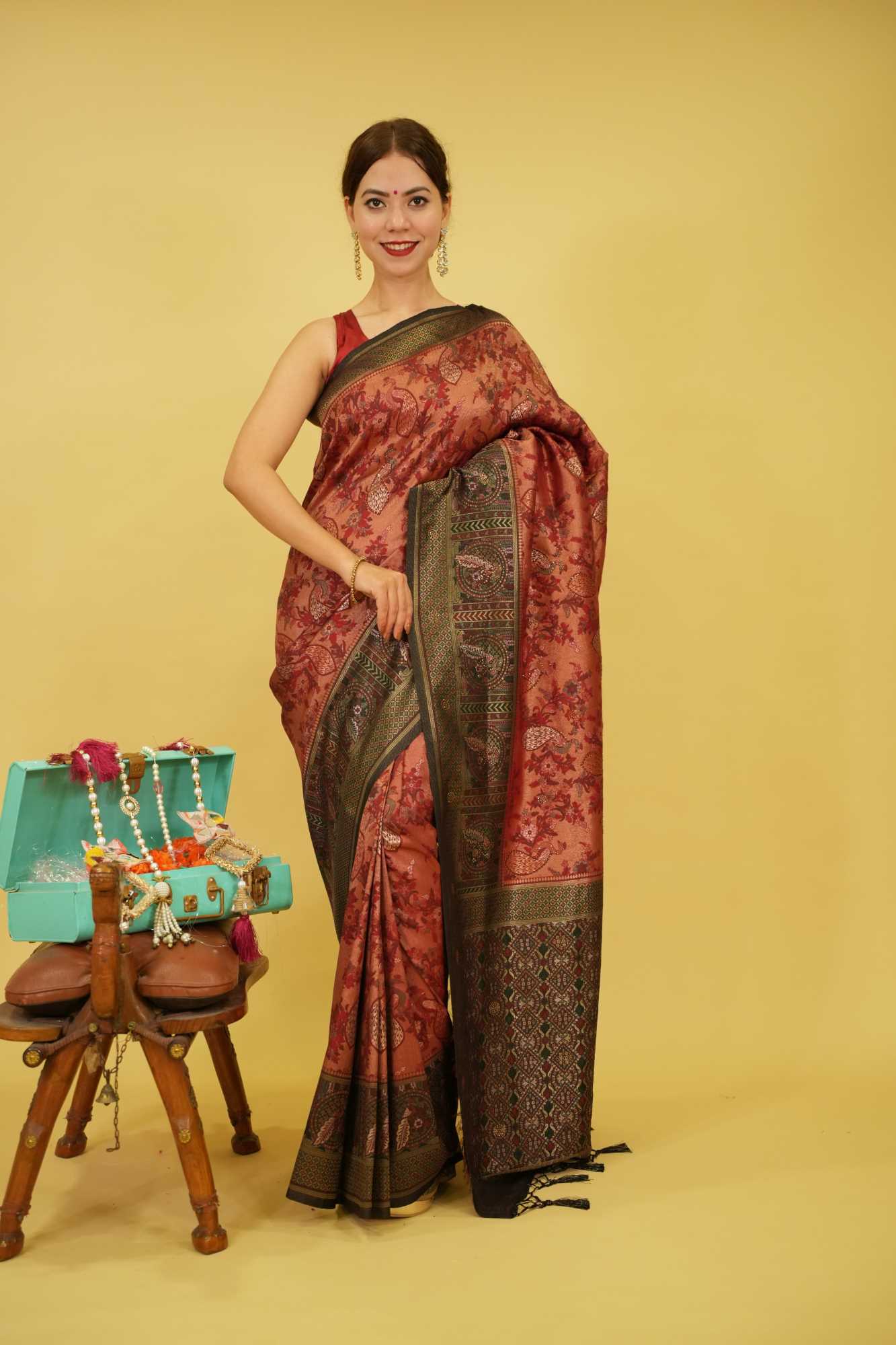 Banarasi  With Traditional Zari Peacock Work & Contrast Bordered Overall Stone Embellished Wrap in 1 minute saree