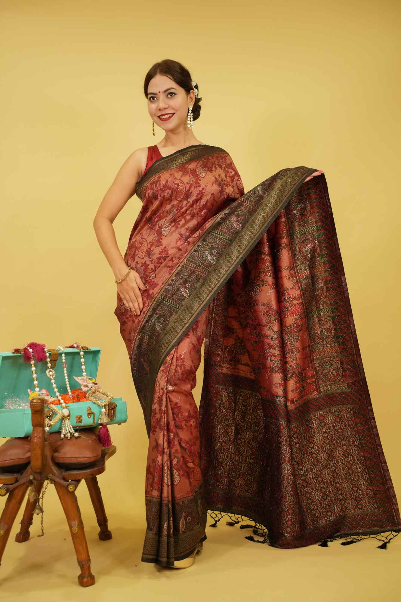 Banarasi  With Traditional Zari Peacock Work & Contrast Bordered Overall Stone Embellished Wrap in 1 minute saree