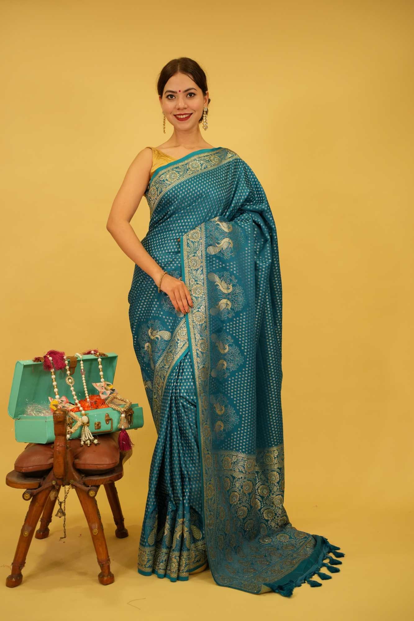 Blue Banarasi With Peacock Zari Dotted Work With Detailed  Border & Overall Stone Embellished  Wrap In One Minute Saree