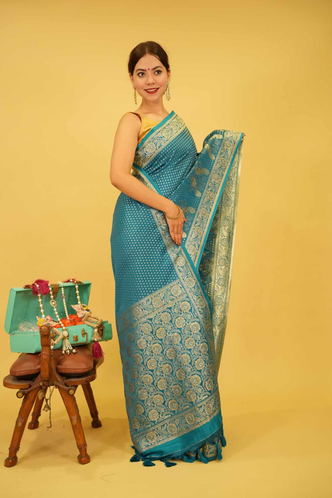 Blue Banarasi With Peacock Zari Dotted Work With Detailed  Border & Overall Stone Embellished  Wrap In One Minute Saree