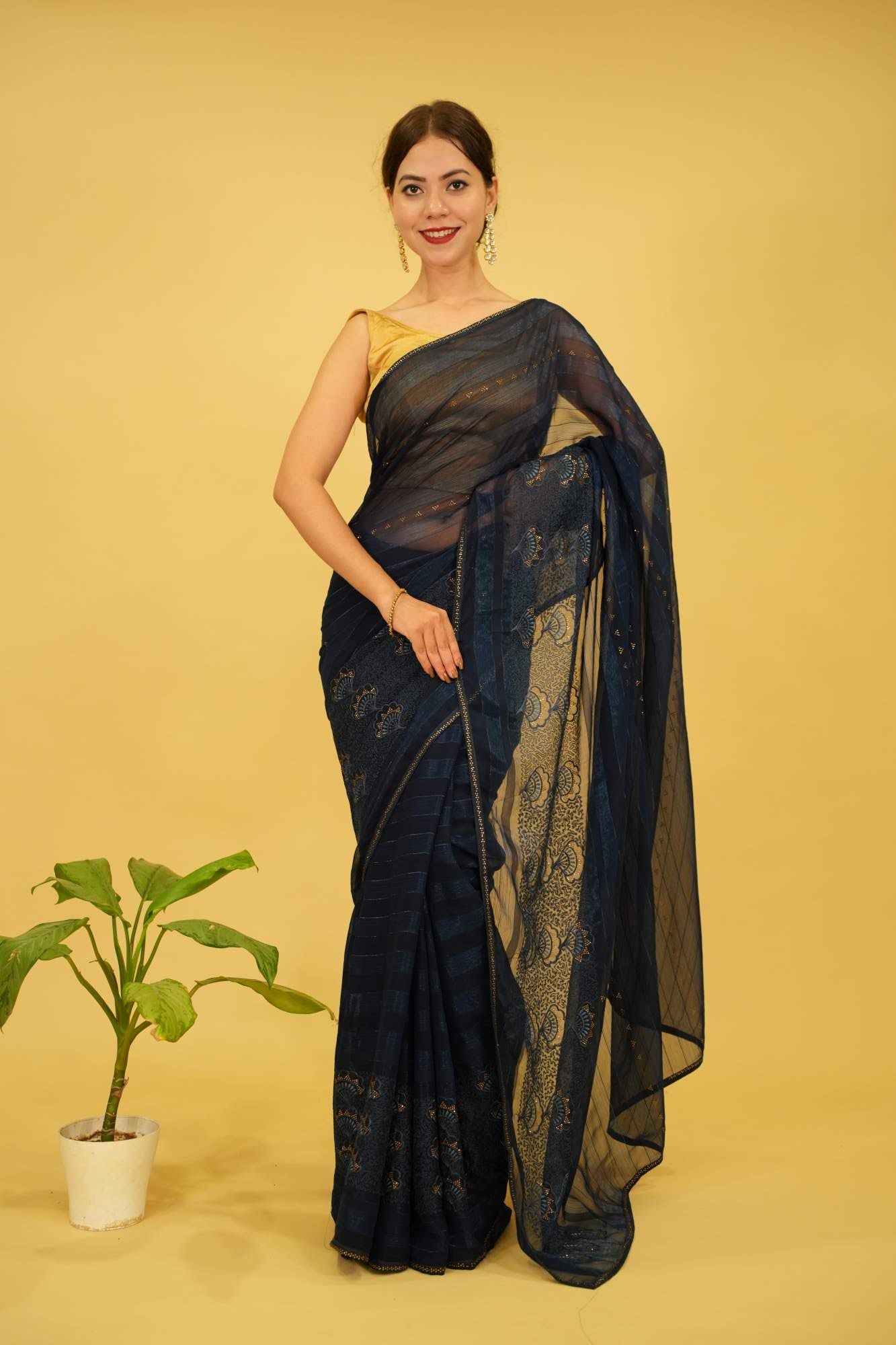 Party Style Deep Blue Soft Georgette With Overall Stone Embellished Ready To Wear Saree