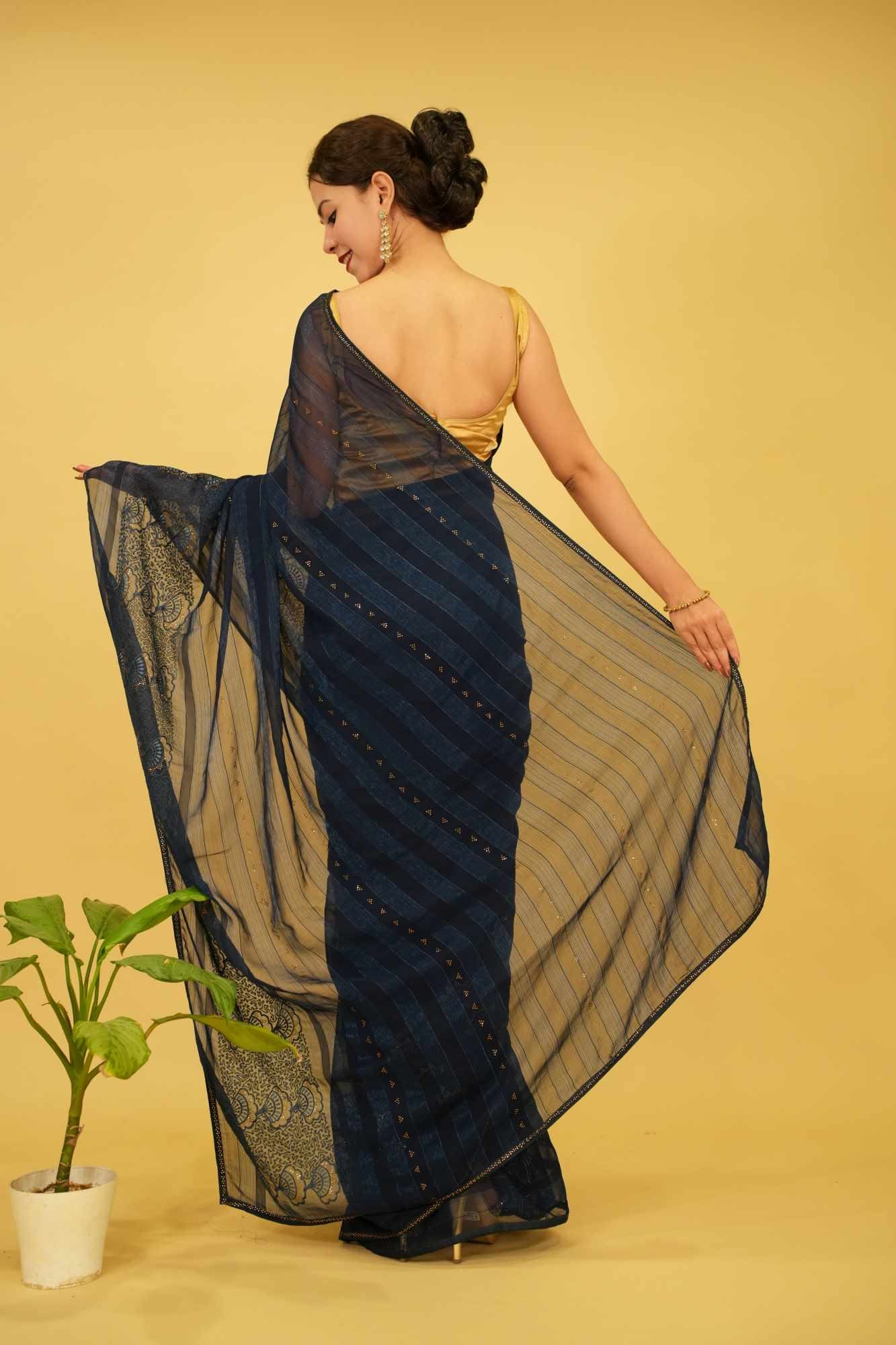 Party Style Deep Blue Soft Georgette With Overall Stone Embellished Ready To Wear Saree